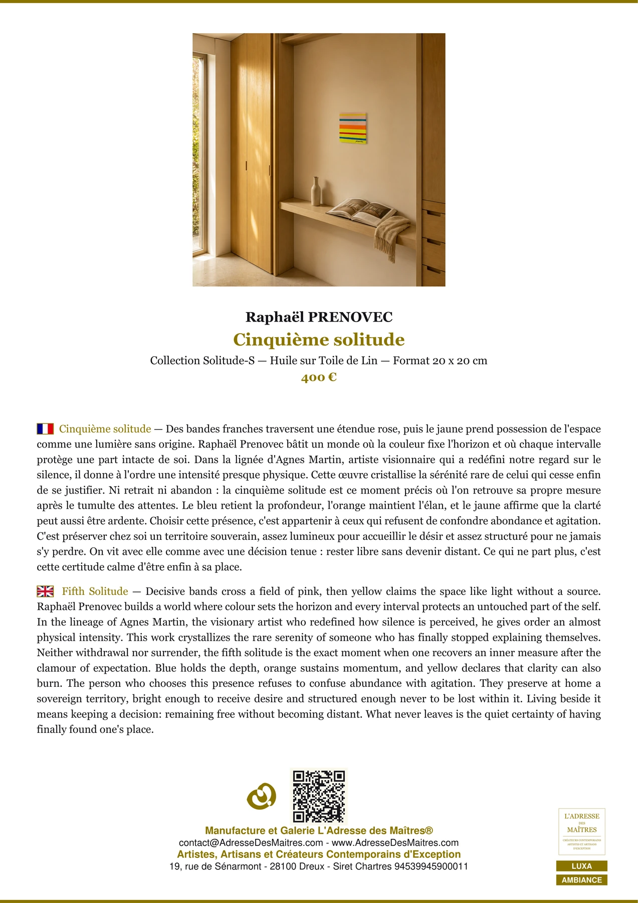 Fiche Premium Ambiance - Cinquième solitude - Raphaël PRENOVEC - L'Adresse des Maîtres®