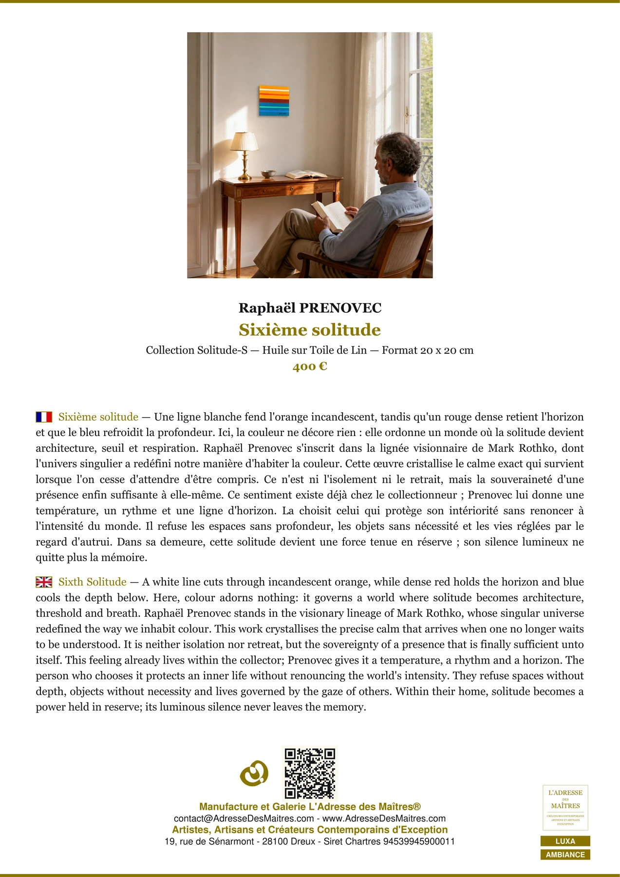 Fiche Premium Ambiance - Sixième solitude - Raphaël PRENOVEC - L'Adresse des Maîtres®