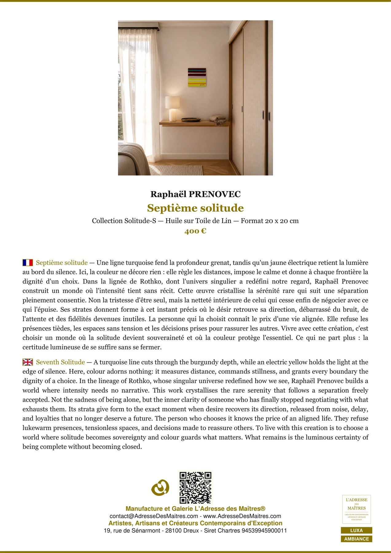 Fiche Premium Ambiance - Septième solitude - Raphaël PRENOVEC - L'Adresse des Maîtres®