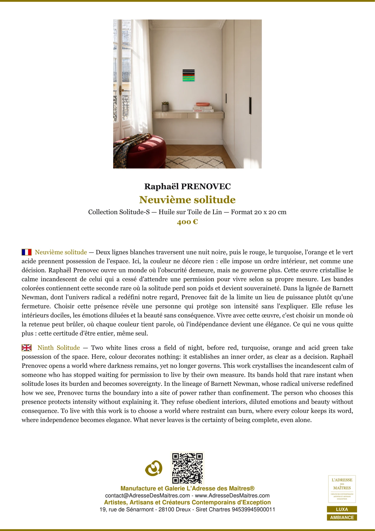 Fiche Premium Ambiance - Neuvième solitude - Raphaël PRENOVEC - L'Adresse des Maîtres®