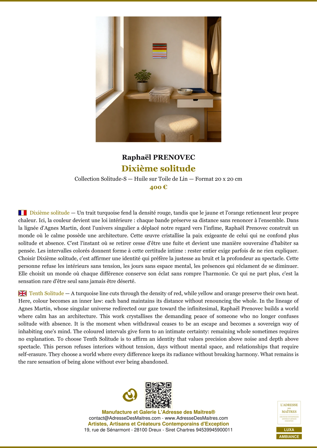 Fiche Premium Ambiance - Dixième solitude - Raphaël PRENOVEC - L'Adresse des Maîtres®