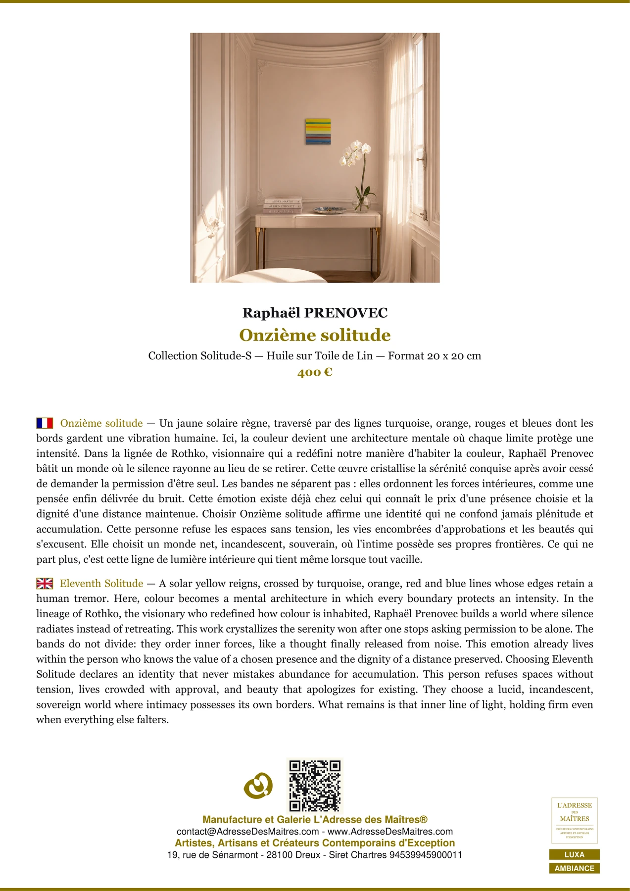 Fiche Premium Ambiance - Onzième solitude - Raphaël PRENOVEC - L'Adresse des Maîtres®