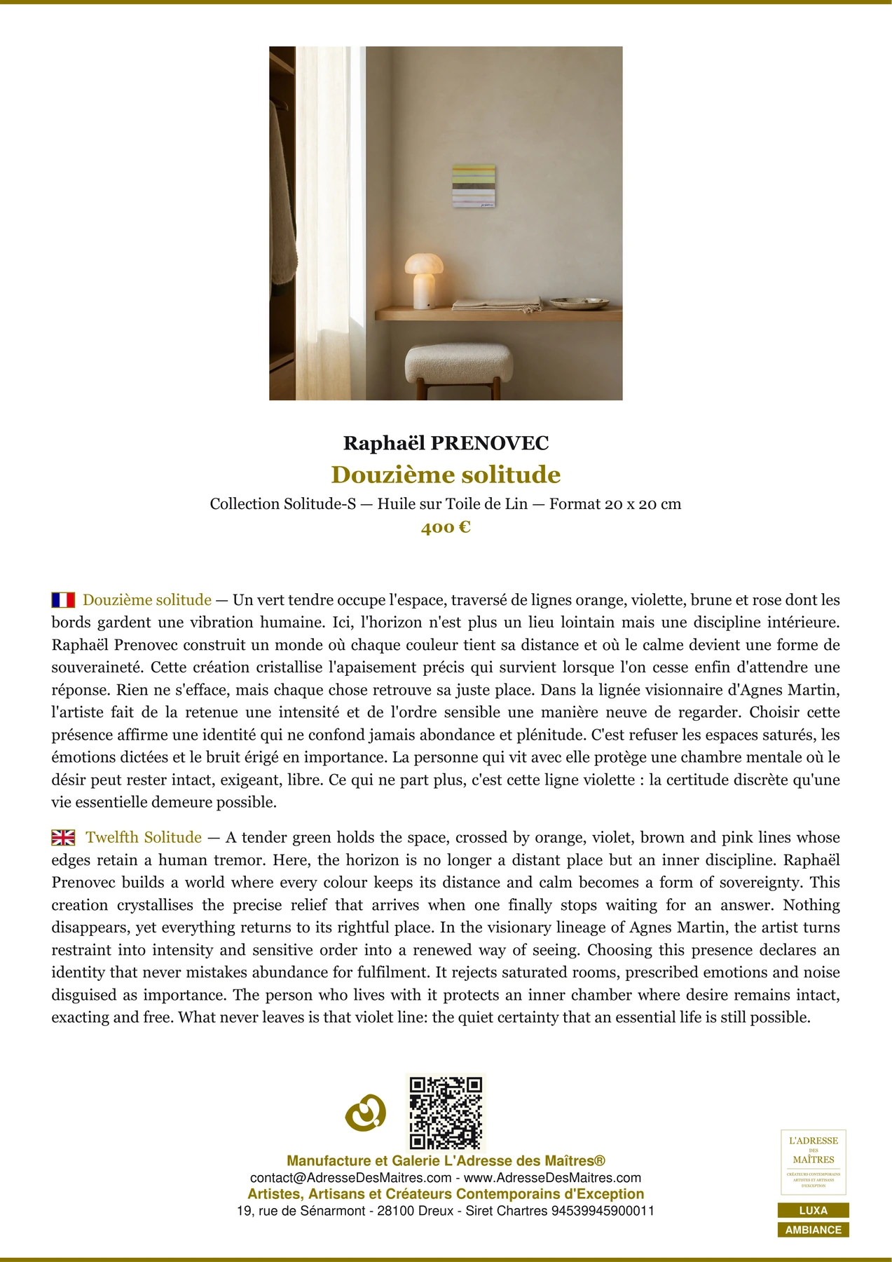 Fiche Premium Ambiance - Douzième solitude - Raphaël PRENOVEC - L'Adresse des Maîtres®