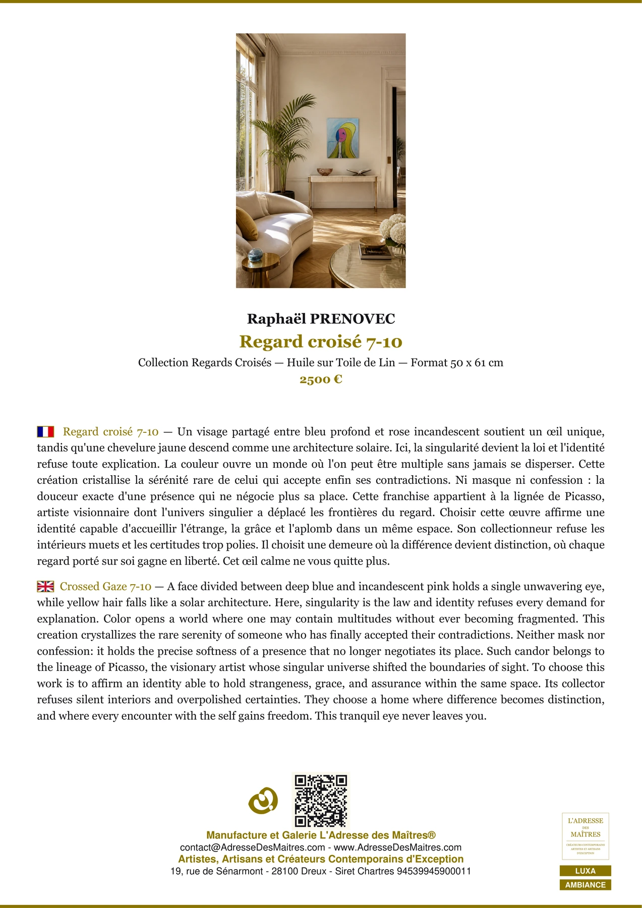 Fiche Premium Ambiance - Regard croisé 7-10 - Raphaël PRENOVEC - L'Adresse des Maîtres®