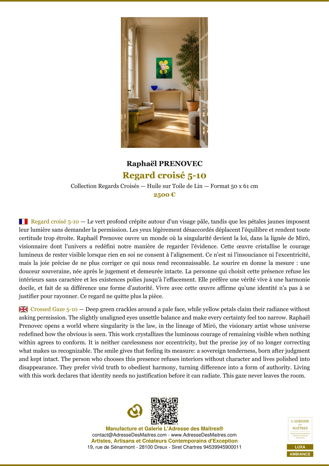 Fiche Premium Ambiance - Regard croisé 5-10 - Raphaël PRENOVEC - L'Adresse des Maîtres®