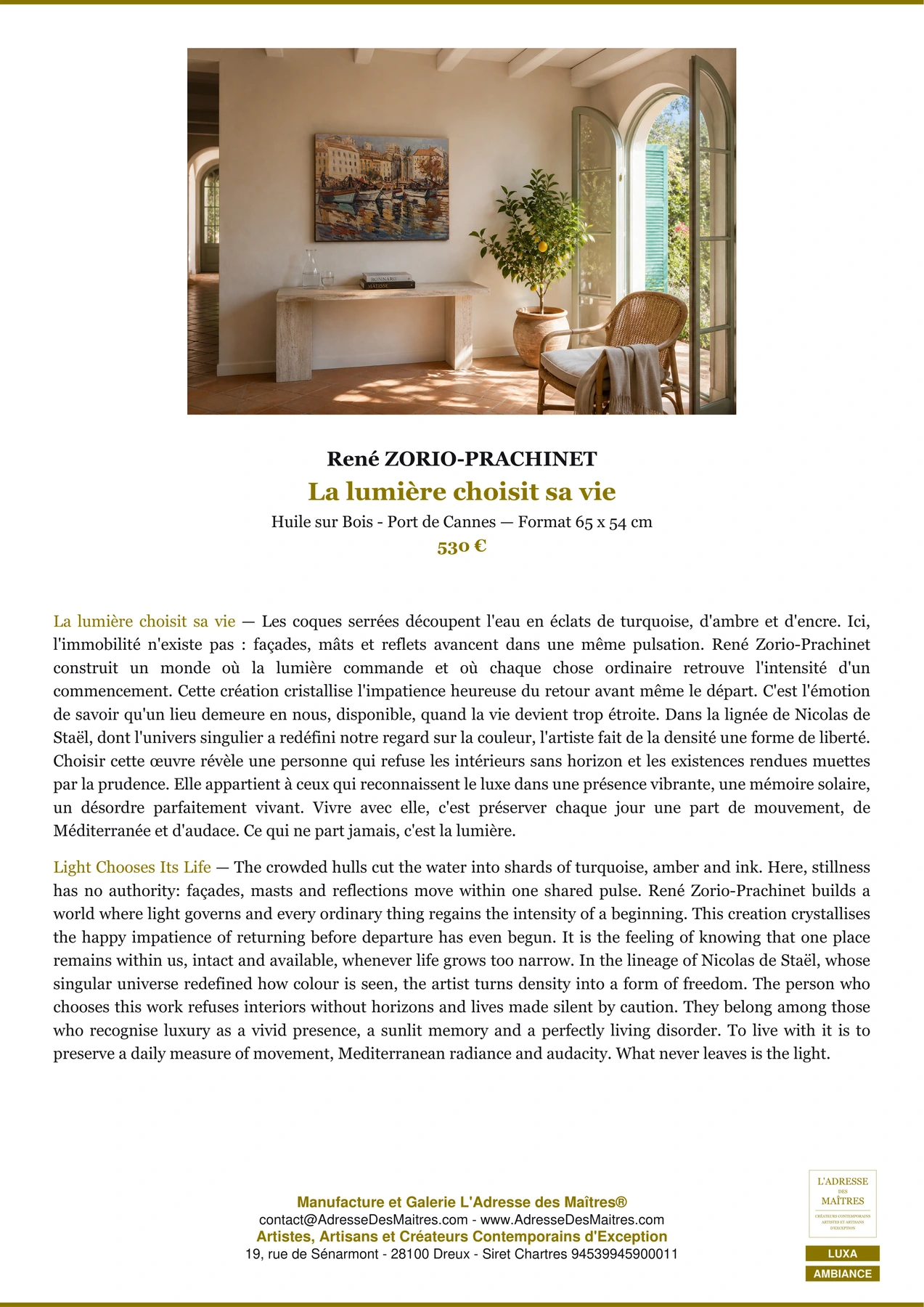 Fiche Premium Ambiance - La lumière choisit sa vie - René ZORIO-PRACHINET - L'Adresse des Maîtres®