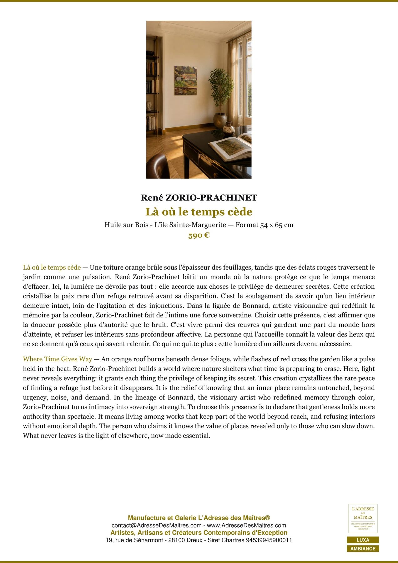 Fiche Premium Ambiance - Là où le temps cède - René ZORIO-PRACHINET - L'Adresse des Maîtres®
