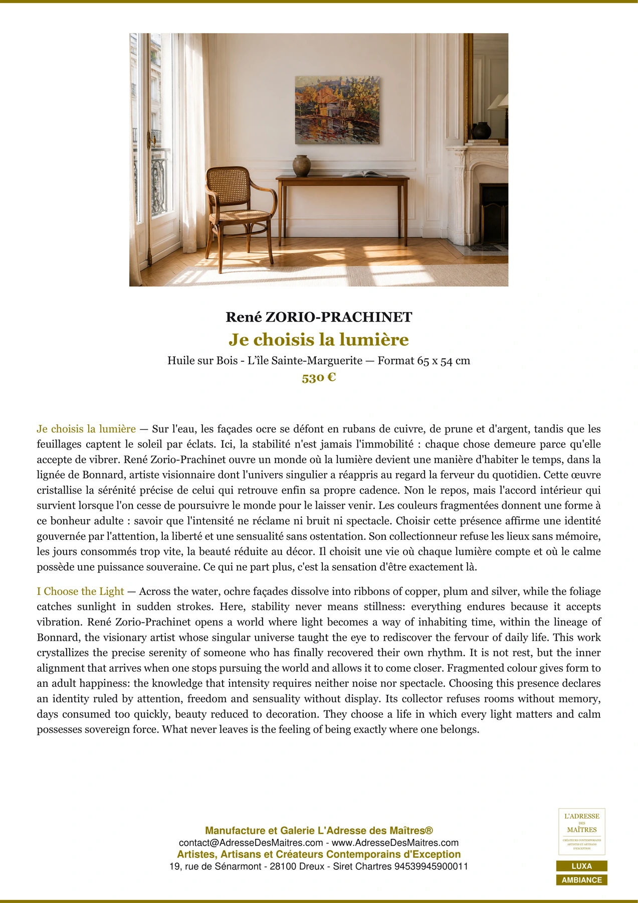 Fiche Premium Ambiance - Je choisis la lumière - René ZORIO-PRACHINET - L'Adresse des Maîtres®