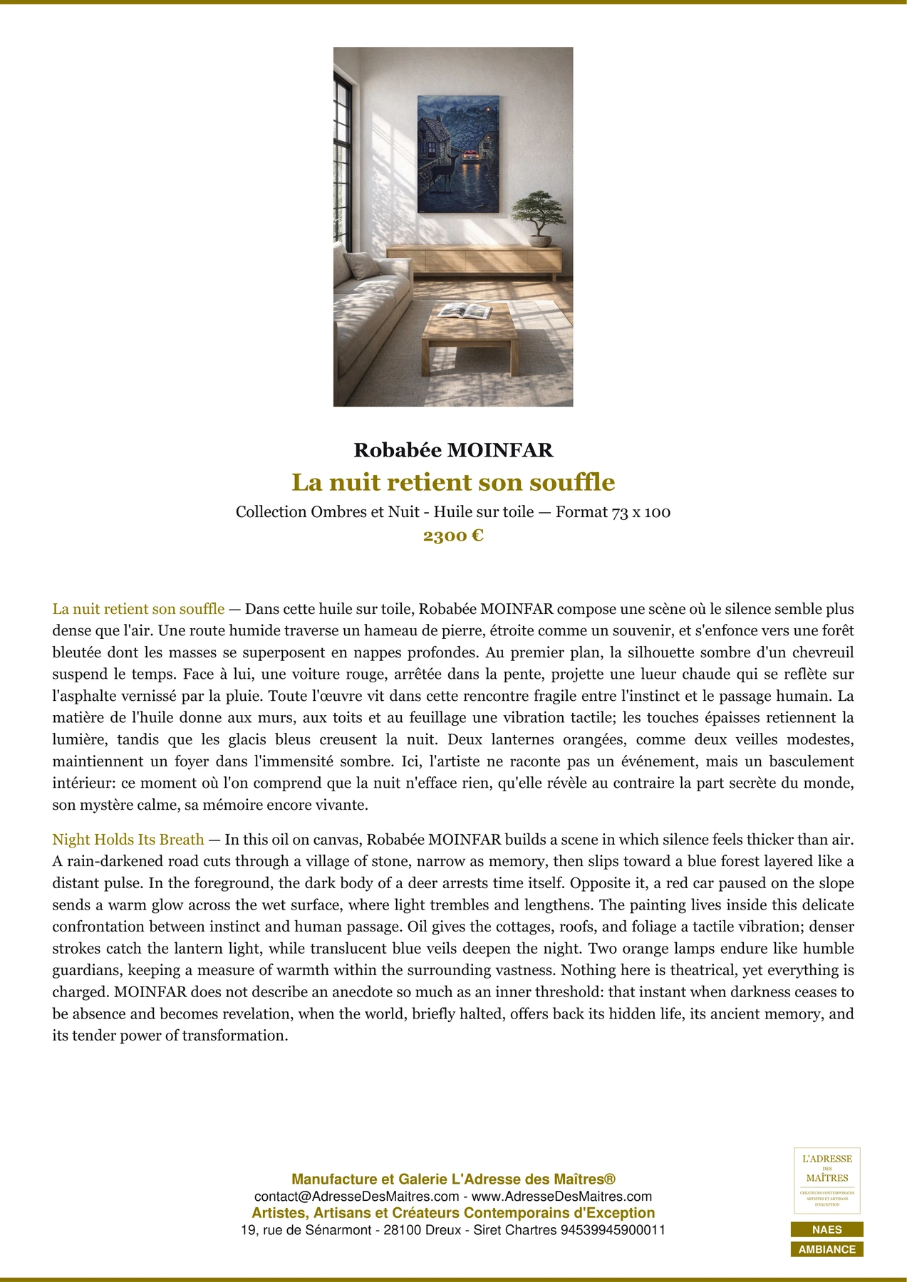 Fiche Premium Ambiance - La nuit retient son souffle - Robabée MOINFAR - L'Adresse des Maîtres®