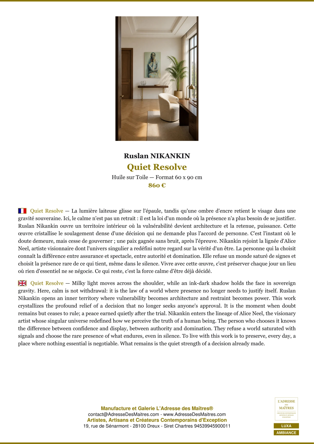 Fiche Premium Ambiance - Quiet Resolve - Ruslan NIKANKIN - L'Adresse des Maîtres®
