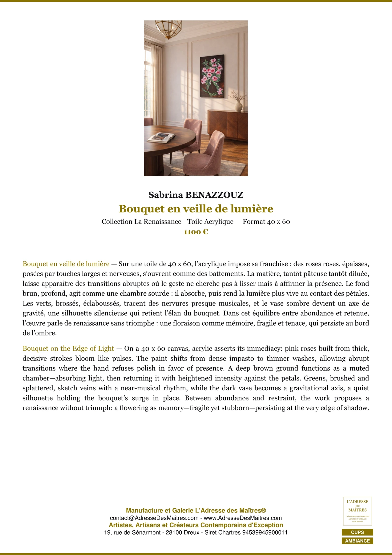 Fiche Premium Ambiance - Bouquet en veille de lumière - Sabrina BENAZZOUZ - L'Adresse des Maîtres®
