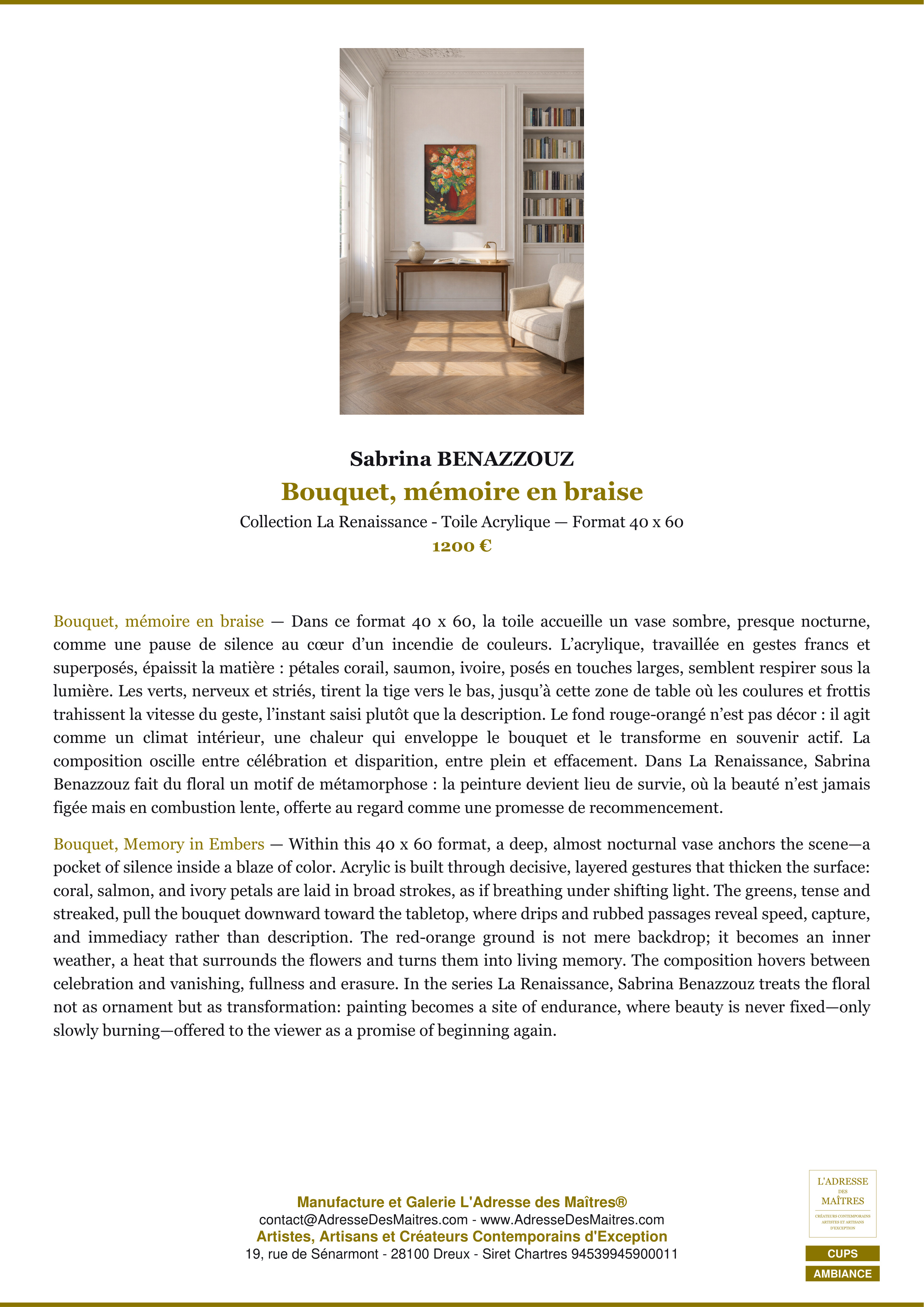 Fiche Premium Ambiance — Bouquet, mémoire en braise — Sabrina BENAZZOUZ — L'Adresse des Maîtres®