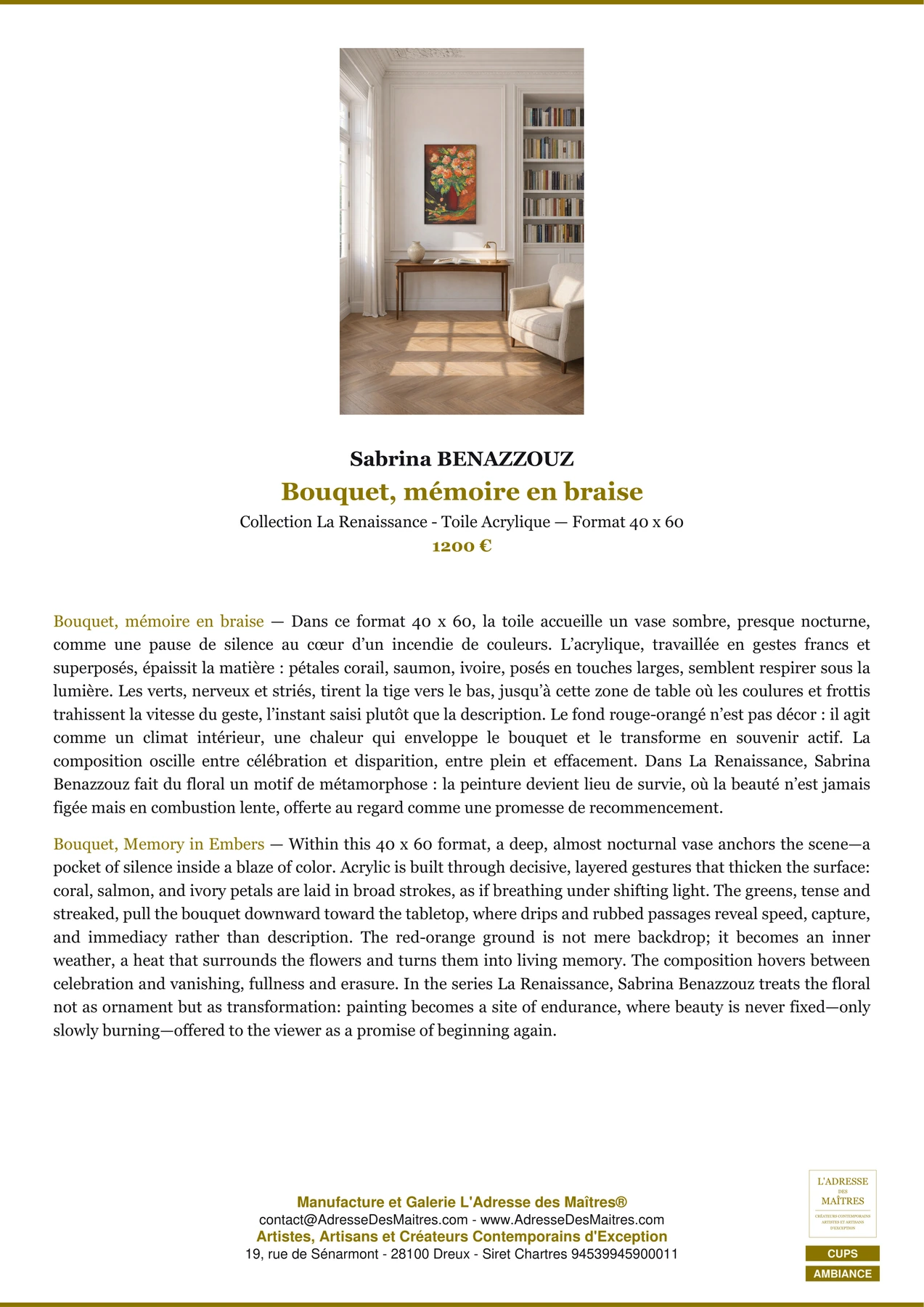 Fiche Premium Ambiance - Bouquet, mémoire en braise - Sabrina BENAZZOUZ - L'Adresse des Maîtres®