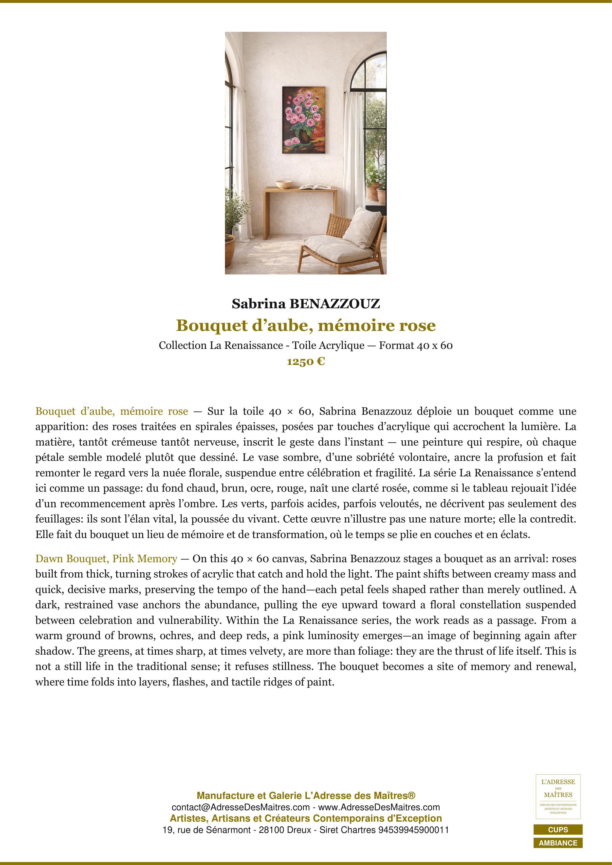 Fiche Premium Ambiance — Bouquet d’aube, mémoire rose — Sabrina BENAZZOUZ — L'Adresse des Maîtres®