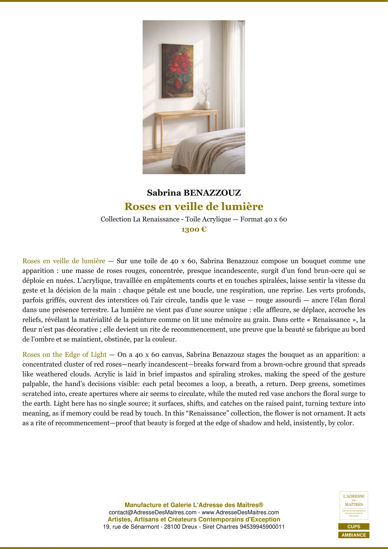 Fiche Premium Ambiance - Roses en veille de lumière - Sabrina BENAZZOUZ - L'Adresse des Maîtres®