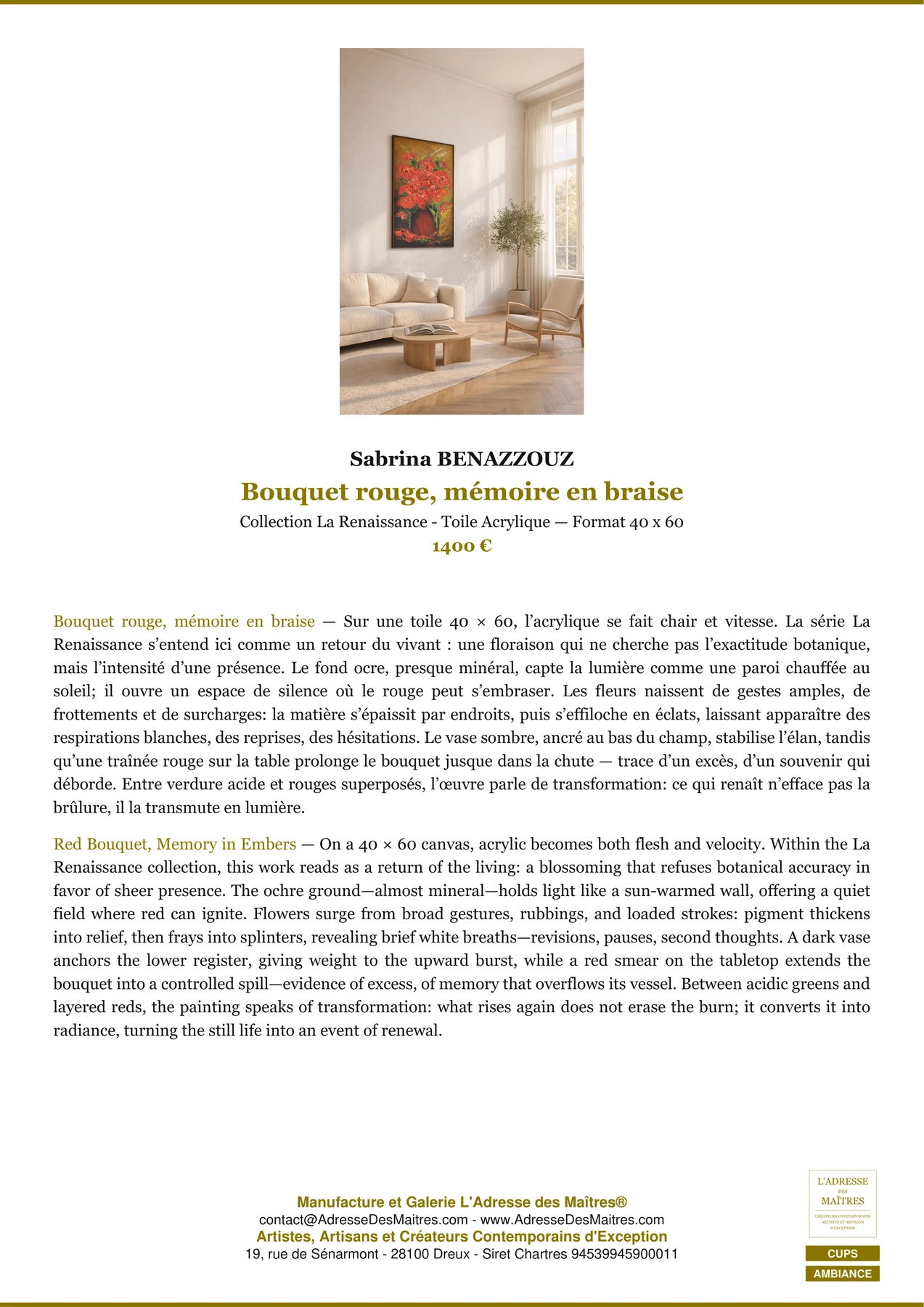 Fiche Premium Ambiance - Bouquet rouge, mémoire en braise - Sabrina BENAZZOUZ - L'Adresse des Maîtres®