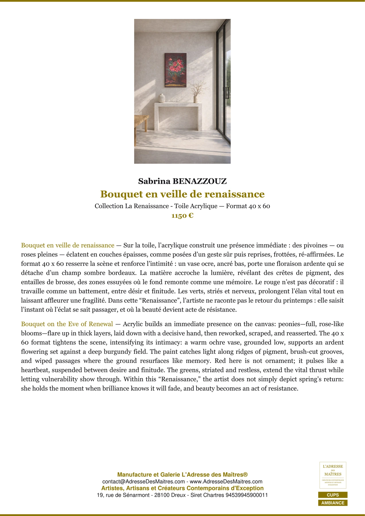 Fiche Premium Ambiance - Bouquet en veille de renaissance - Sabrina BENAZZOUZ - L'Adresse des Maîtres®