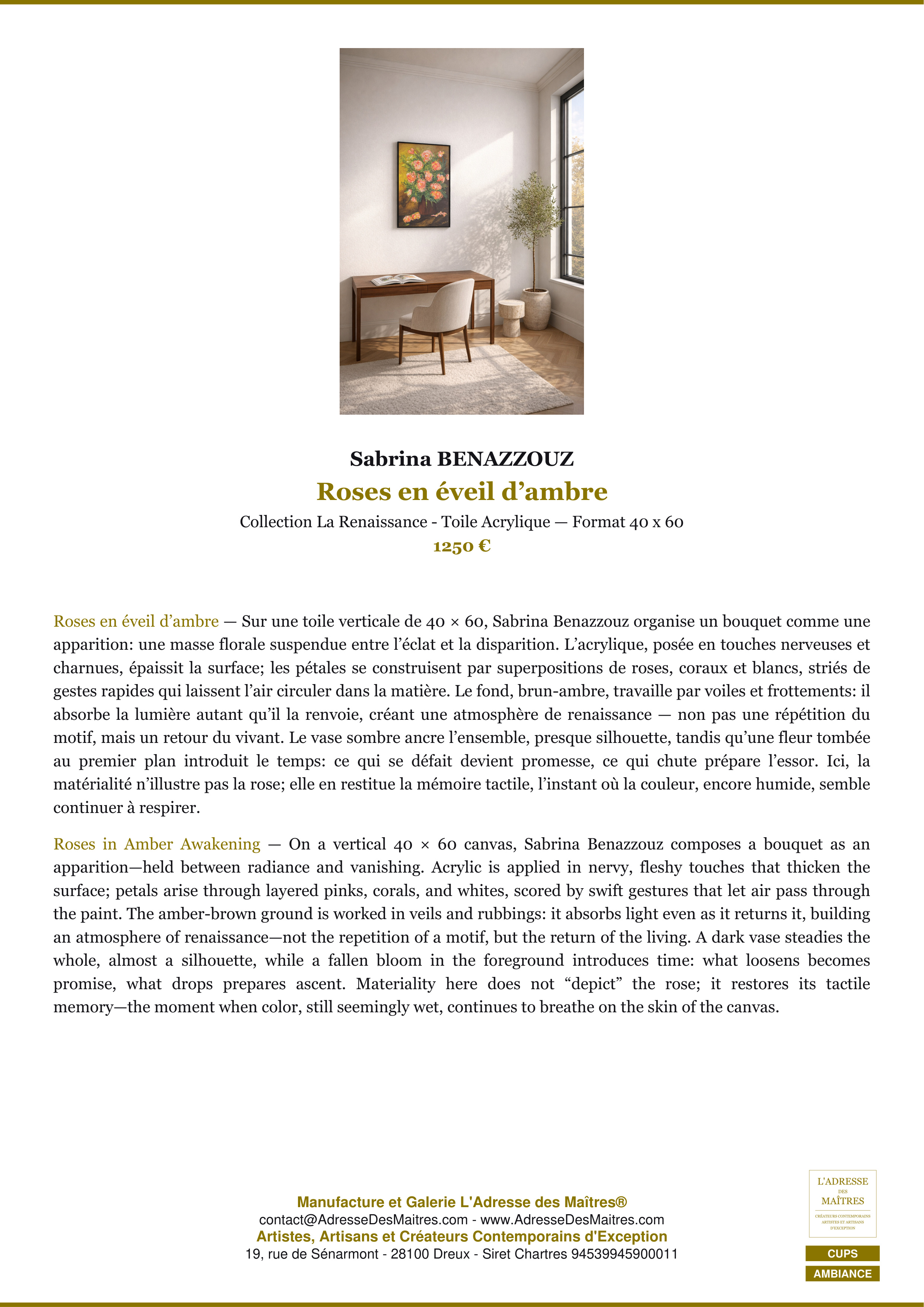 Fiche Premium Ambiance — Roses en éveil d’ambre — Sabrina BENAZZOUZ — L'Adresse des Maîtres®