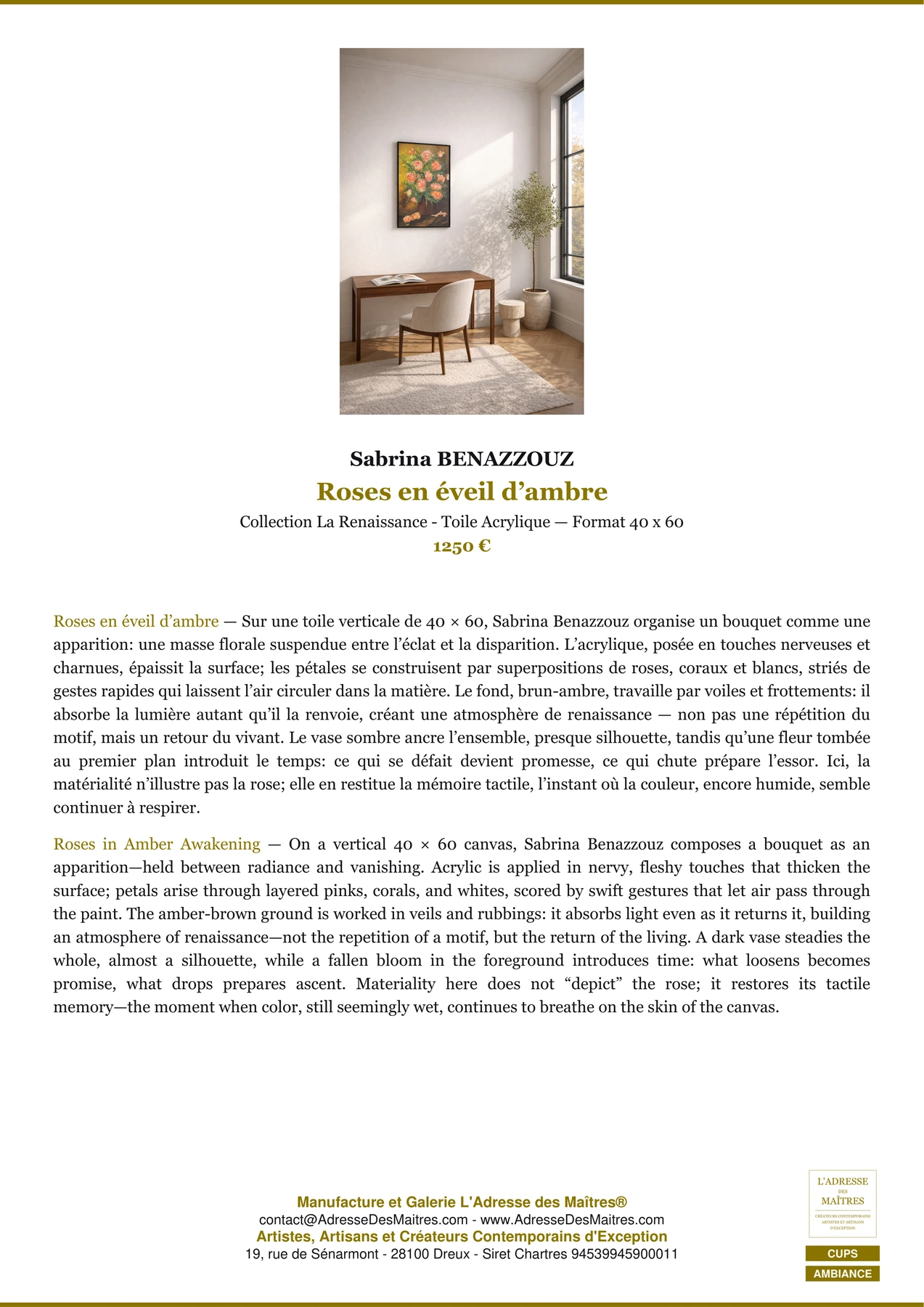 Fiche Premium Ambiance - Roses en éveil d’ambre - Sabrina BENAZZOUZ - L'Adresse des Maîtres®