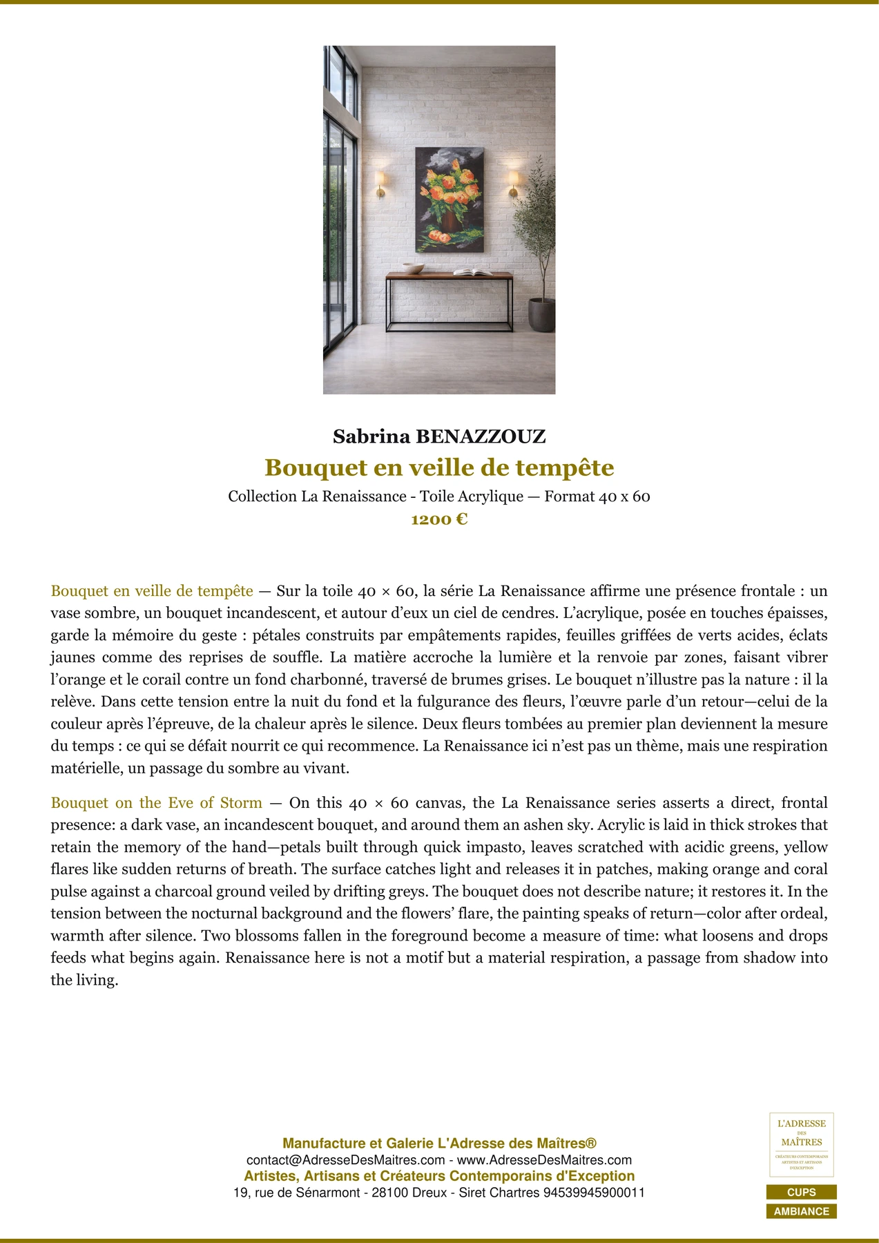 Fiche Premium Ambiance - Bouquet en veille de tempête - Sabrina BENAZZOUZ - L'Adresse des Maîtres®