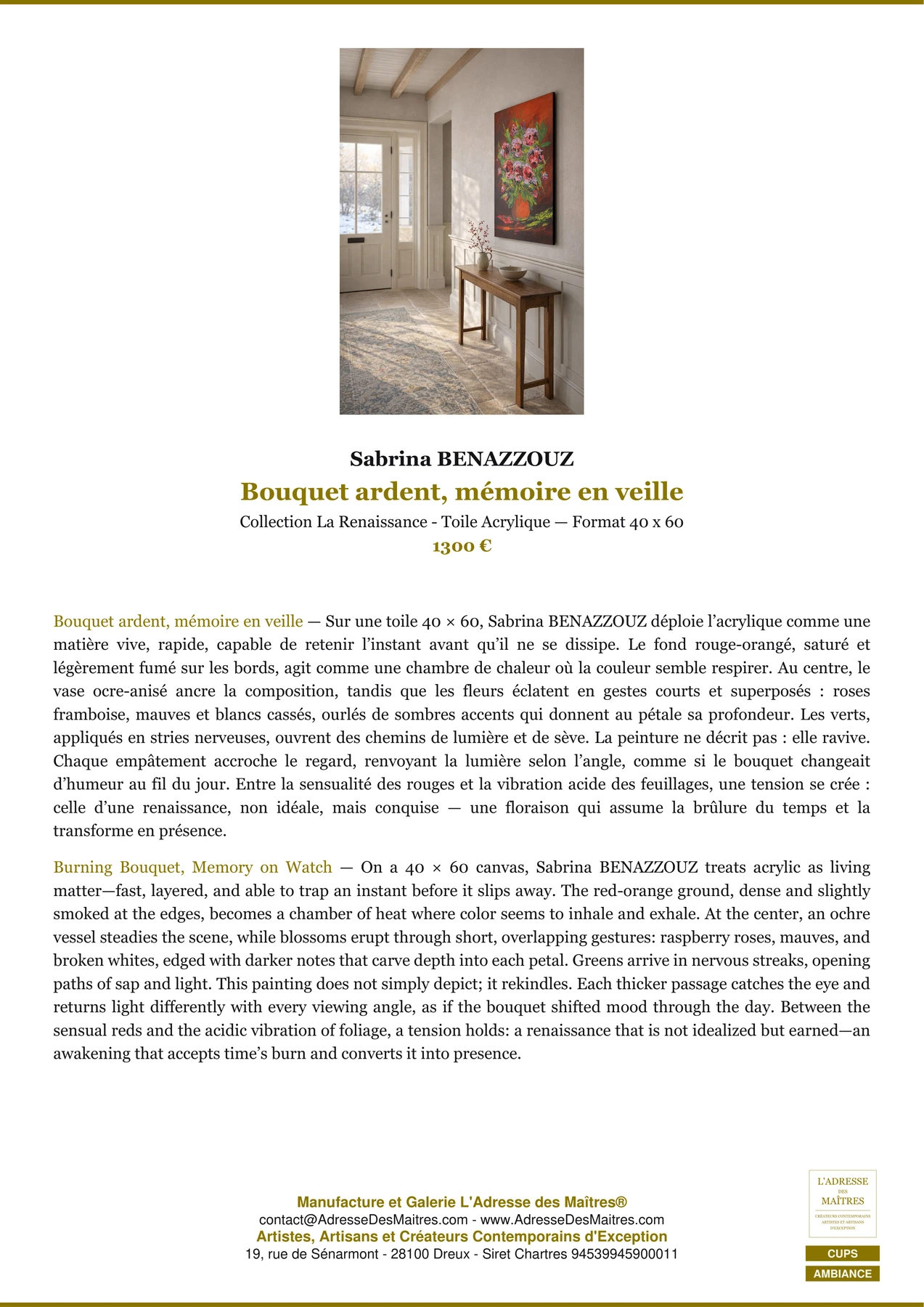 Fiche Premium Ambiance - Bouquet ardent, mémoire en veille - Sabrina BENAZZOUZ - L'Adresse des Maîtres®