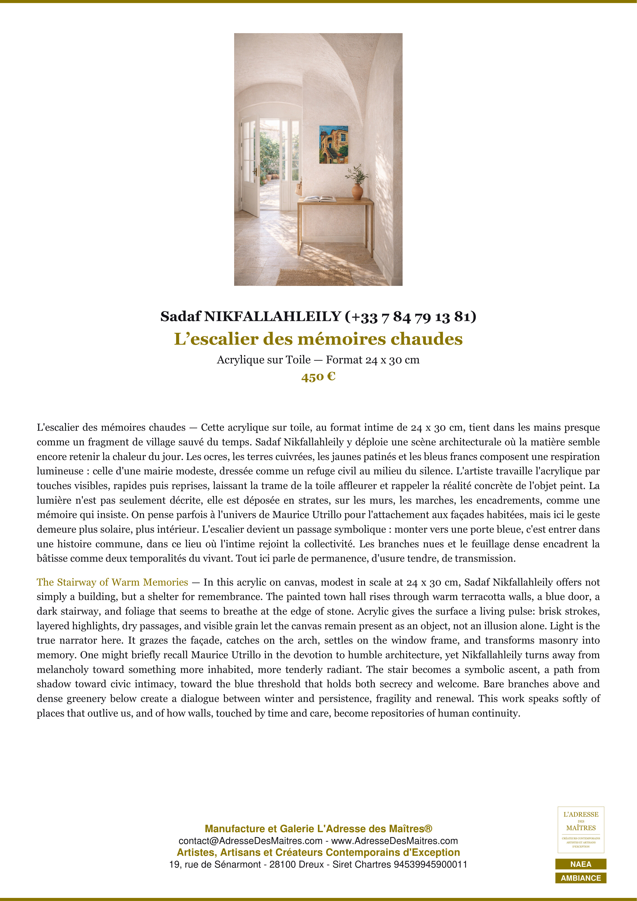 Fiche Premium Ambiance — L’escalier des mémoires chaudes — Sadaf NIKFALLAHLEILY (+33 7 84 79 13 81) — L'Adresse des Maîtres®