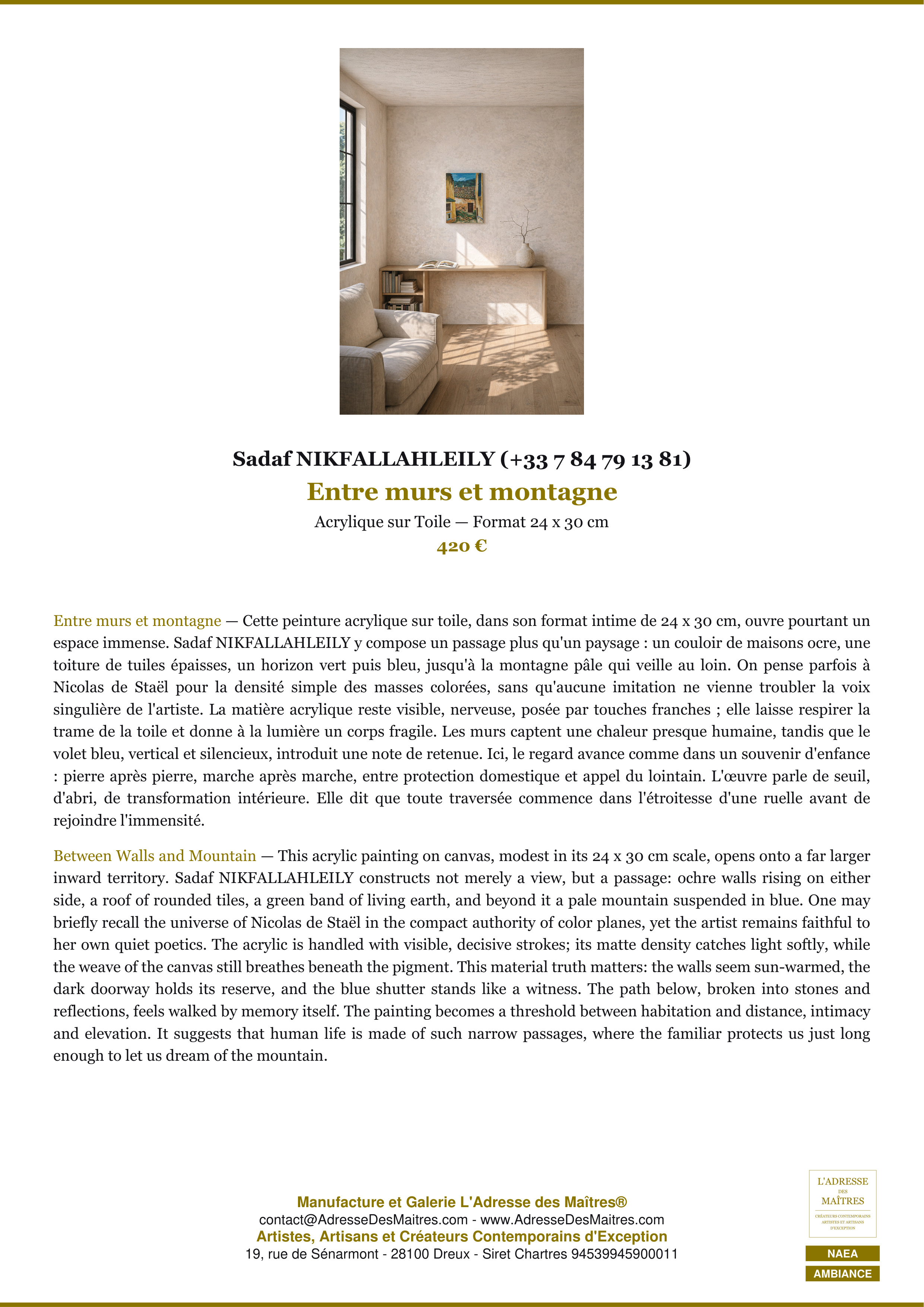 Fiche Premium Ambiance — Entre murs et montagne — Sadaf NIKFALLAHLEILY (+33 7 84 79 13 81) — L'Adresse des Maîtres®