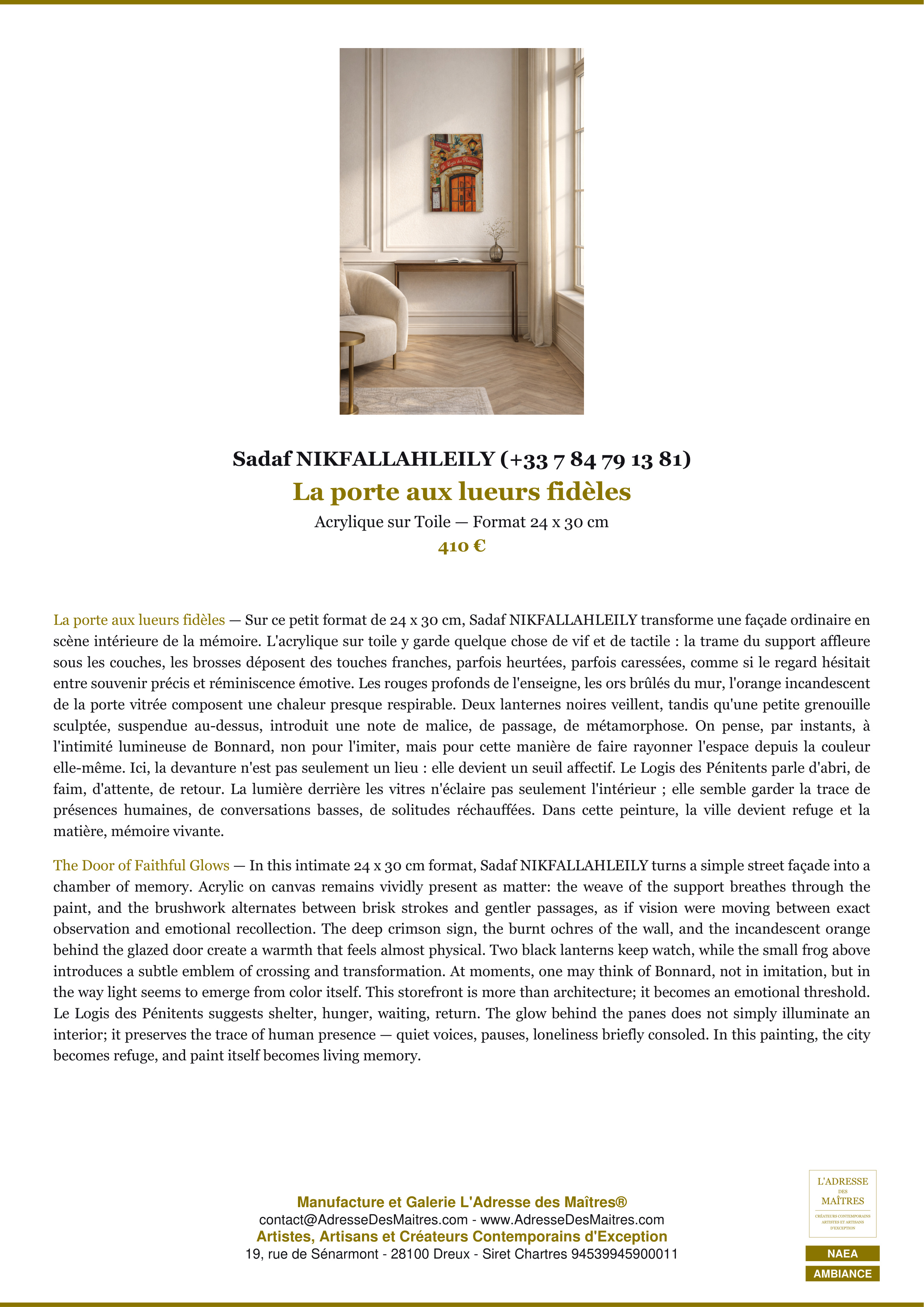Fiche Premium Ambiance — La porte aux lueurs fidèles — Sadaf NIKFALLAHLEILY (+33 7 84 79 13 81) — L'Adresse des Maîtres®