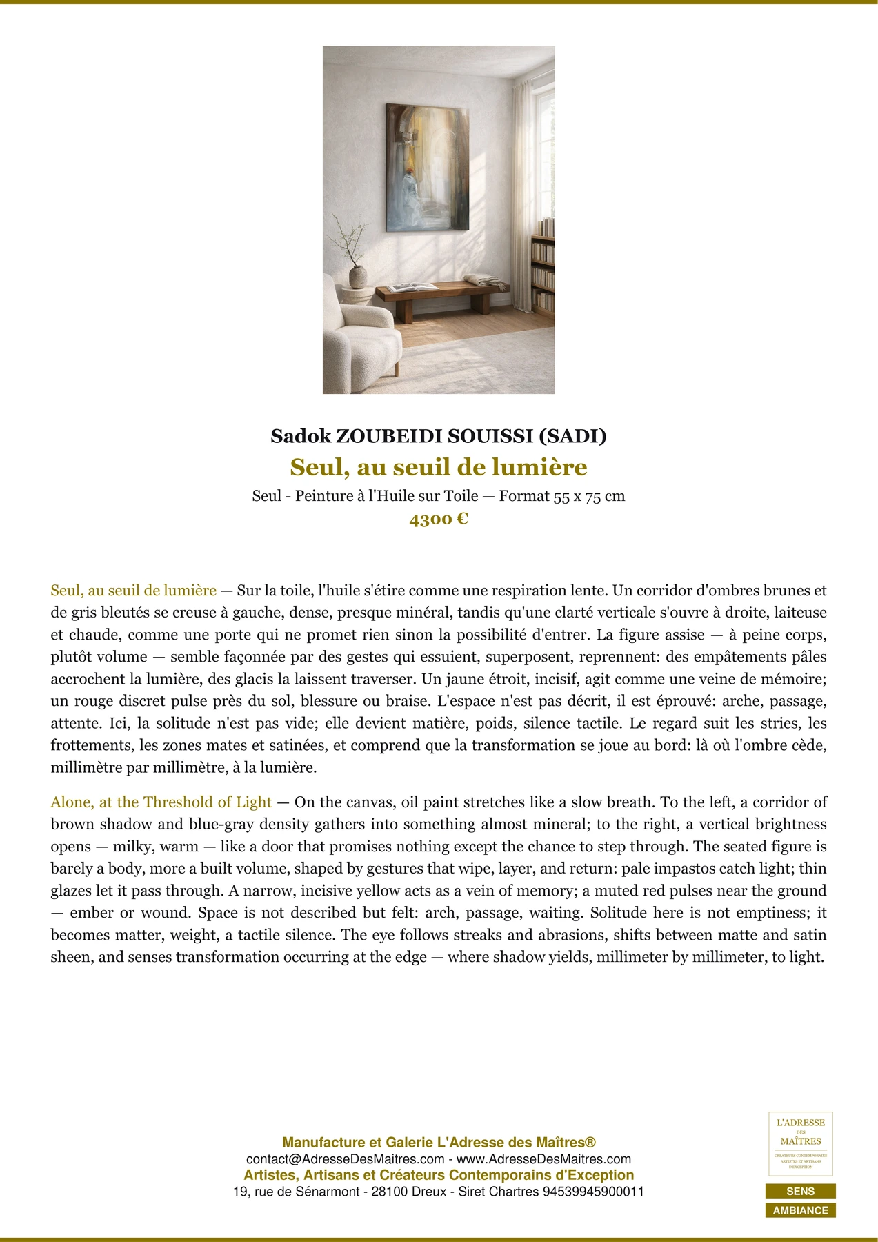 Fiche Premium Ambiance - Seul, au seuil de lumière - Sadok ZOUBEIDI SOUISSI (SADI) - L'Adresse des Maîtres®