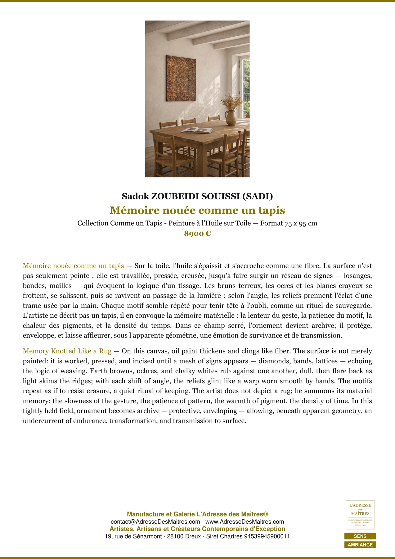 Fiche Premium Ambiance - Mémoire nouée comme un tapis - Sadok ZOUBEIDI SOUISSI (SADI) - L'Adresse des Maîtres®