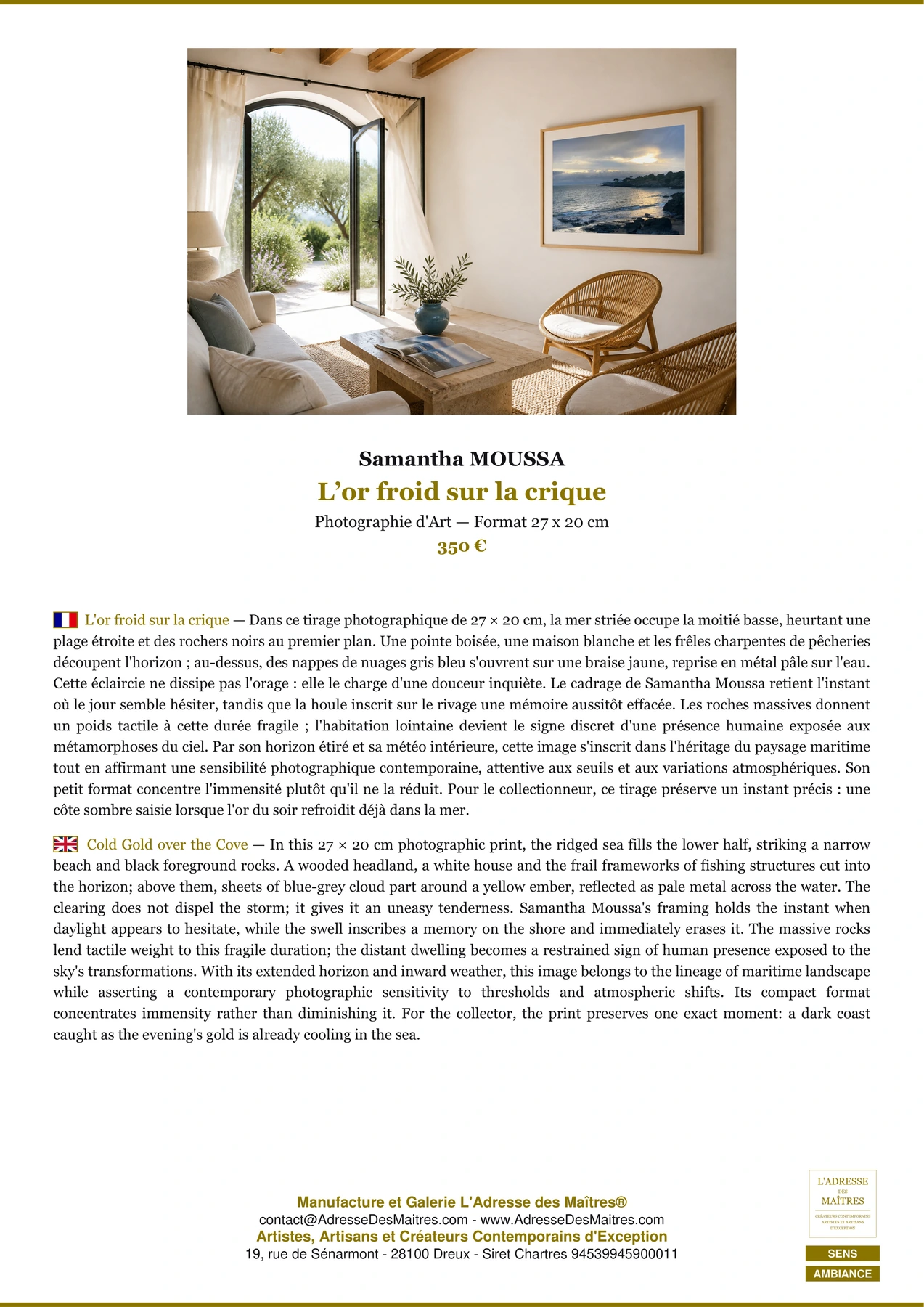 Fiche Premium Ambiance - L’or froid sur la crique - Samantha MOUSSA - L'Adresse des Maîtres®