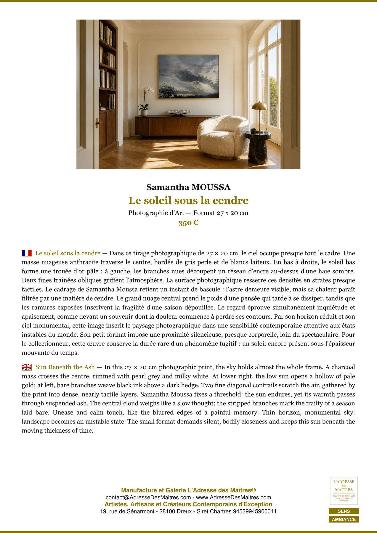 Fiche Premium Ambiance - Le soleil sous la cendre - Samantha MOUSSA - L'Adresse des Maîtres®