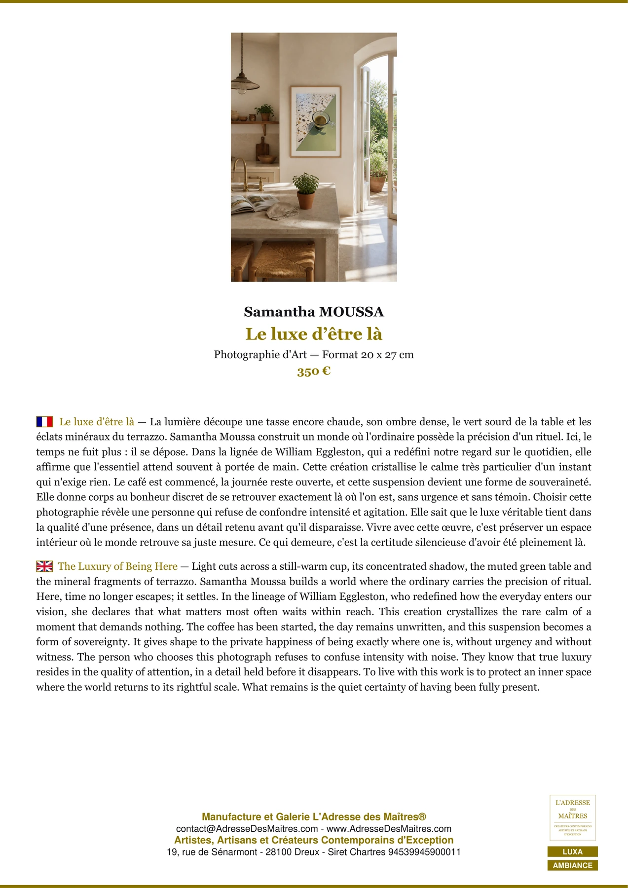 Fiche Premium Ambiance - Le luxe d’être là - Samantha MOUSSA - L'Adresse des Maîtres®