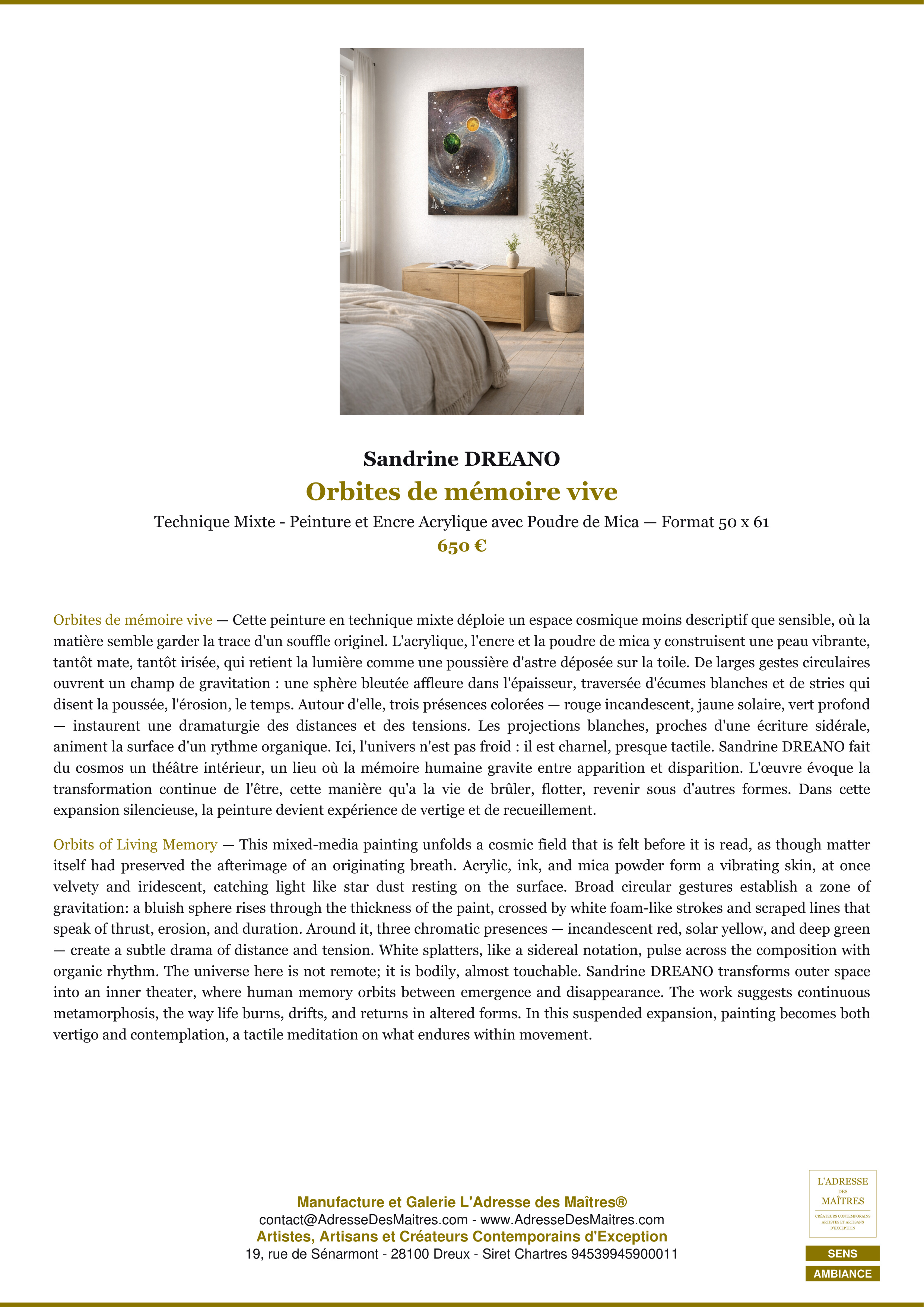 Fiche Premium Ambiance — Orbites de mémoire vive — Sandrine DREANO — L'Adresse des Maîtres®