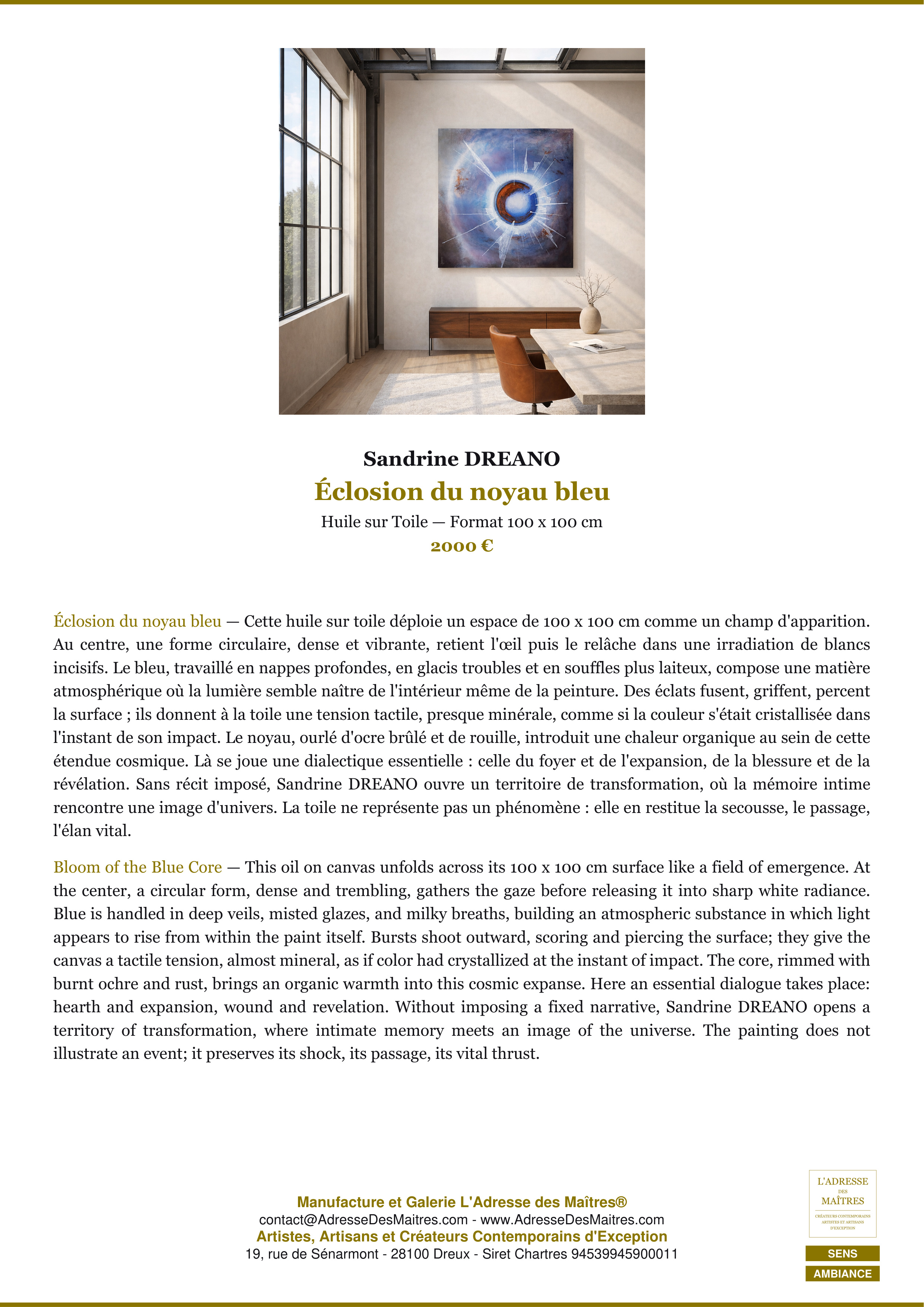 Fiche Premium Ambiance — Éclosion du noyau bleu — Sandrine DREANO — L'Adresse des Maîtres®