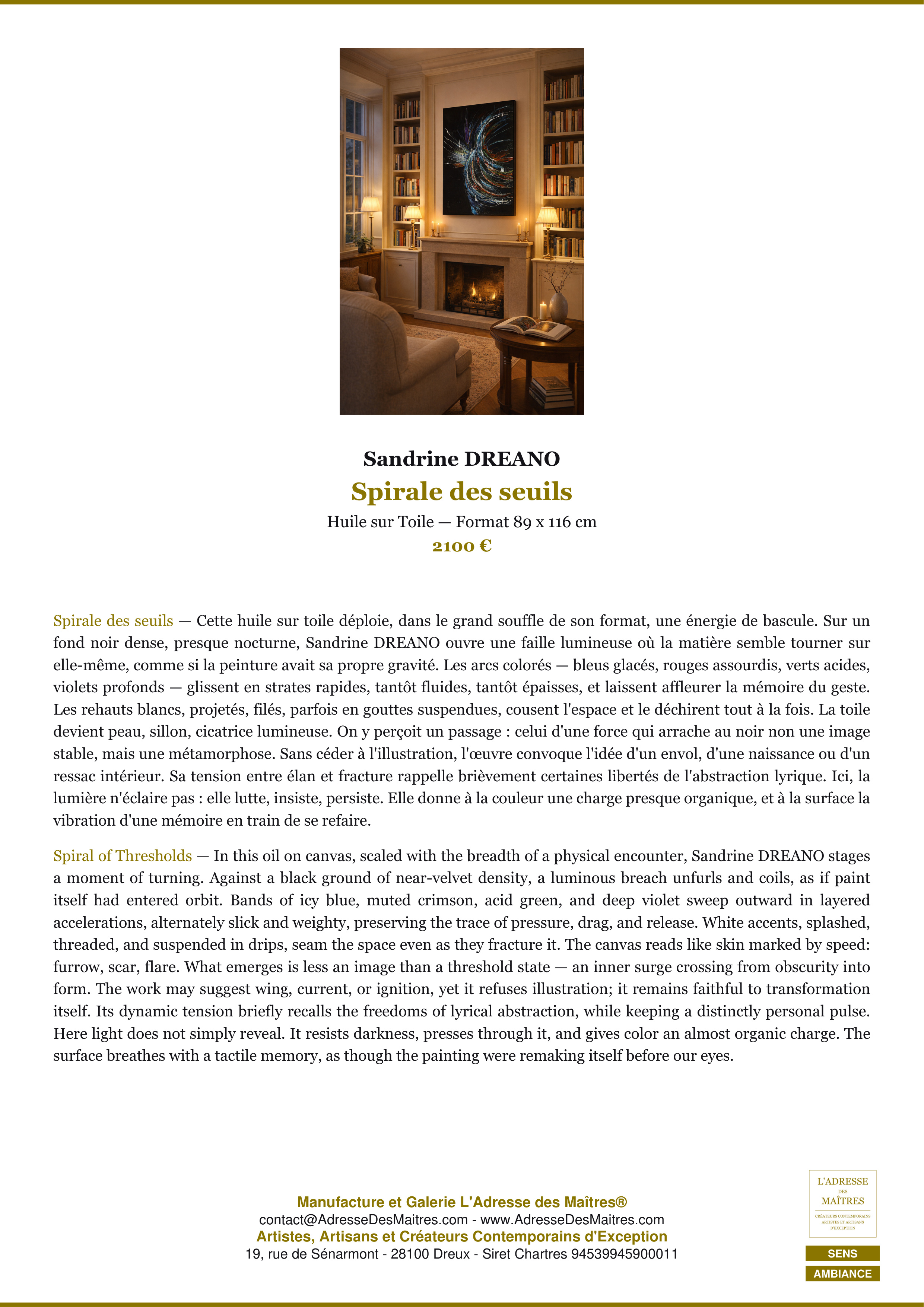 Fiche Premium Ambiance — Spirale des seuils — Sandrine DREANO — L'Adresse des Maîtres®