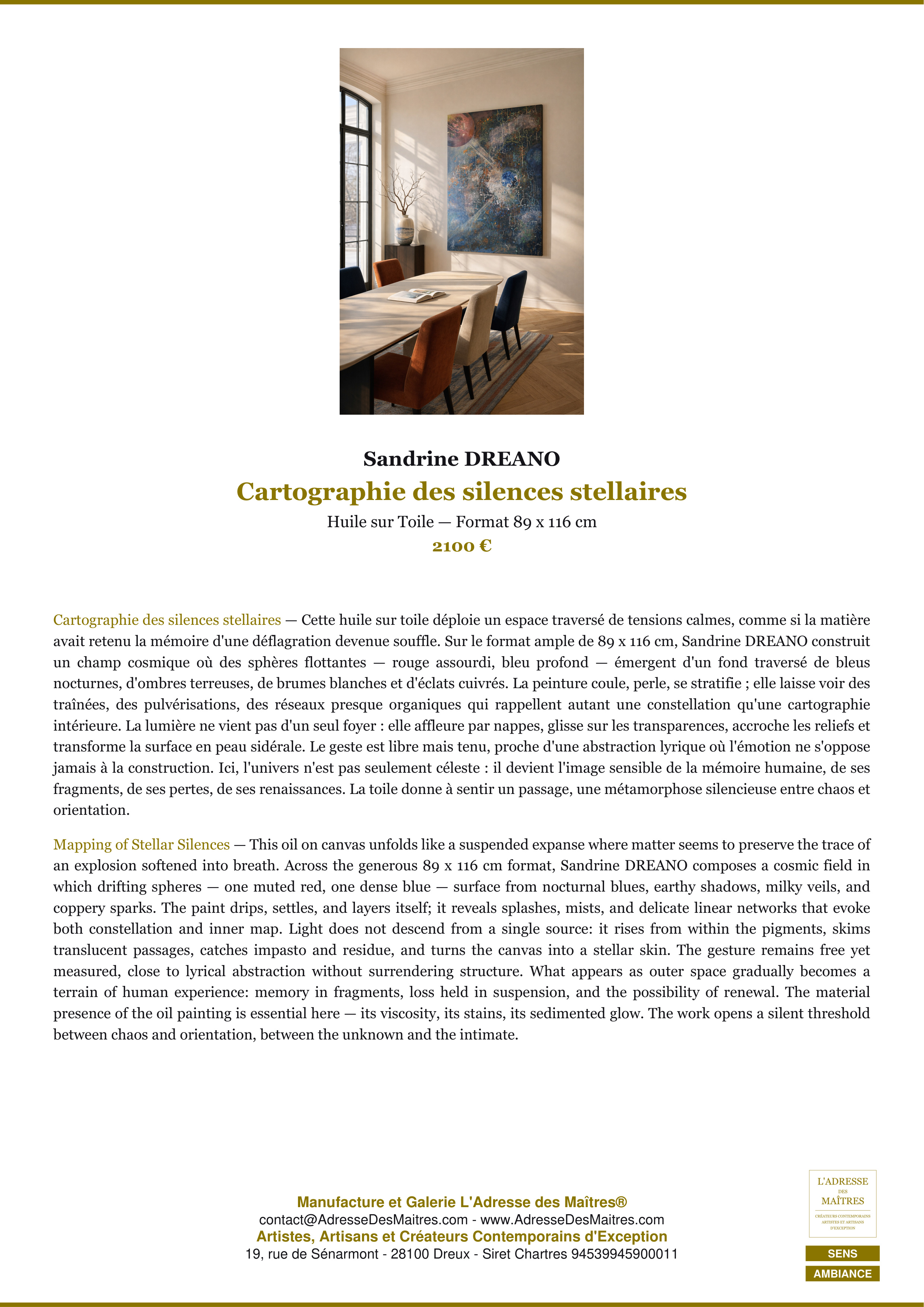 Fiche Premium Ambiance — Cartographie des silences stellaires — Sandrine DREANO — L'Adresse des Maîtres®