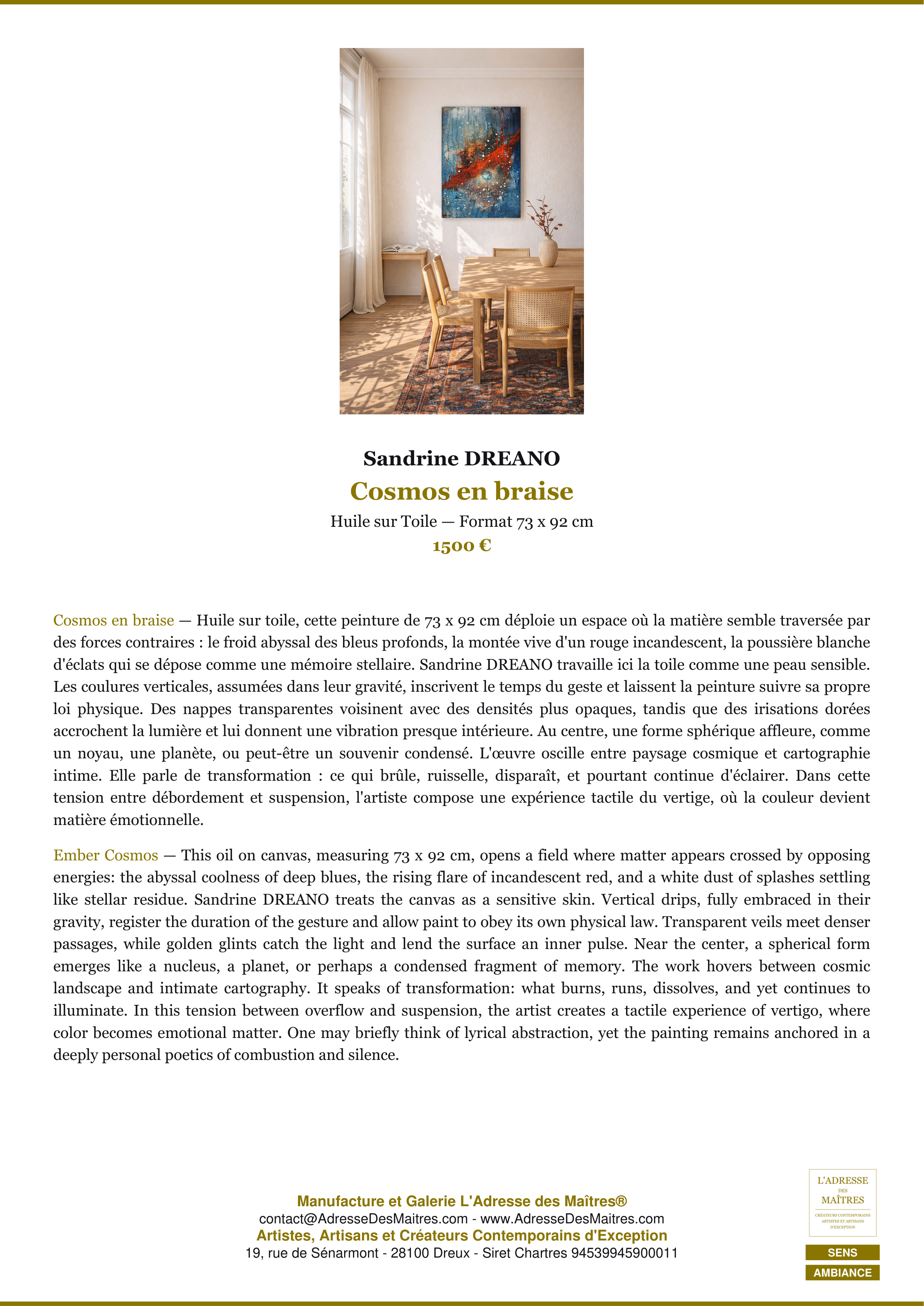 Fiche Premium Ambiance — Cosmos en braise — Sandrine DREANO — L'Adresse des Maîtres®