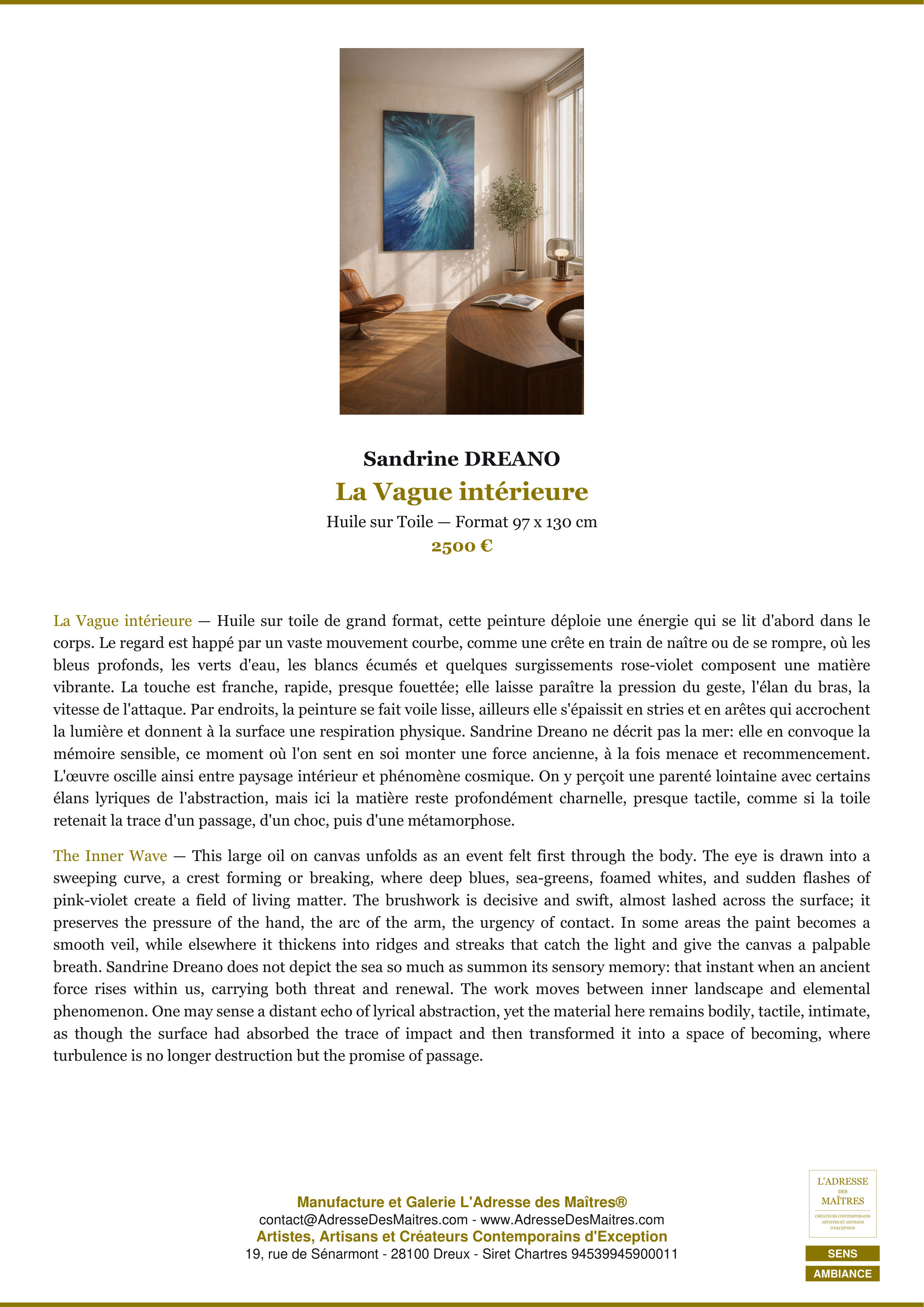 Fiche Premium Ambiance — La Vague intérieure — Sandrine DREANO — L'Adresse des Maîtres®