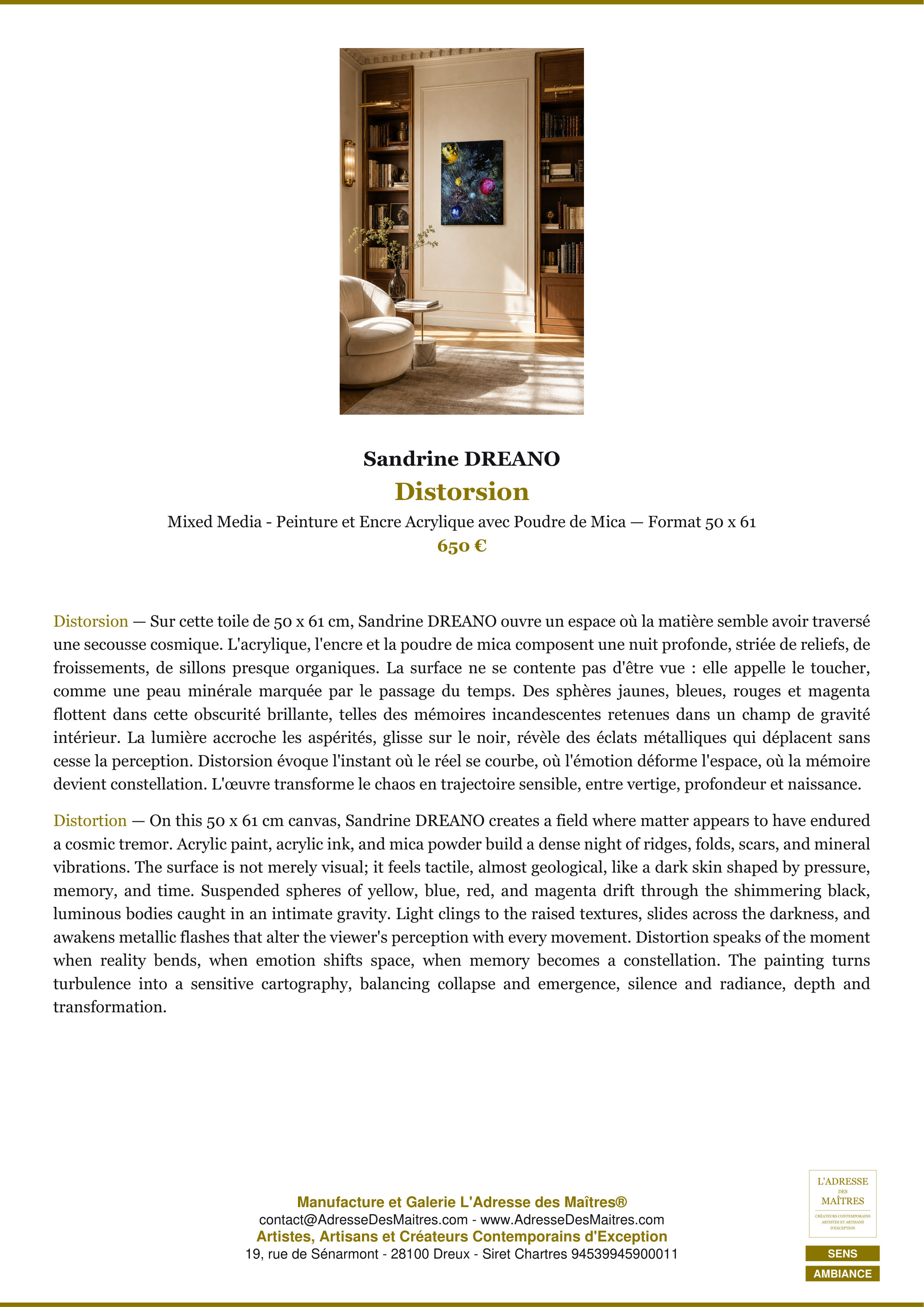 Fiche Premium Ambiance — Distorsion — Sandrine DREANO — L'Adresse des Maîtres®
