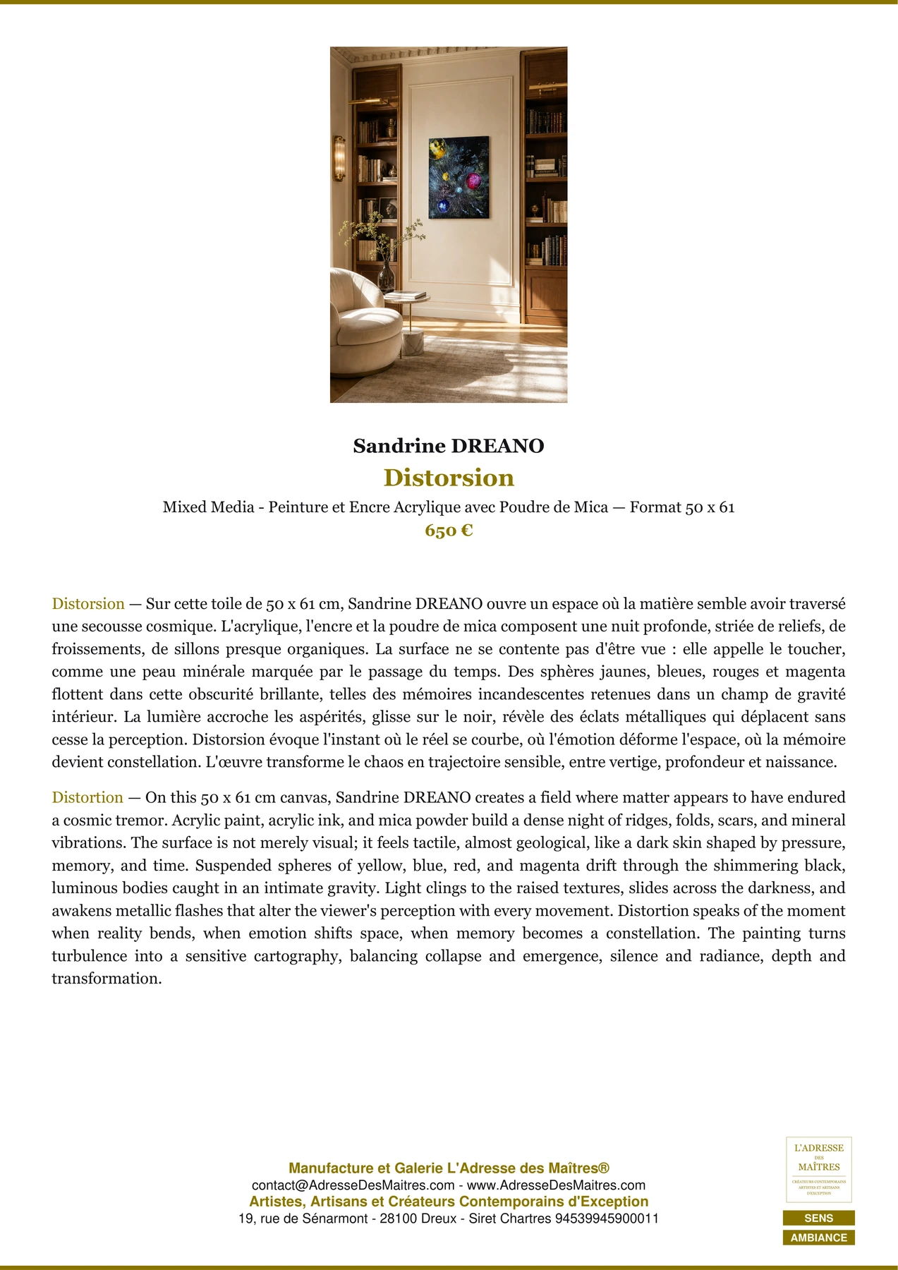 Fiche Premium Ambiance - Distorsion - Sandrine DREANO - L'Adresse des Maîtres®