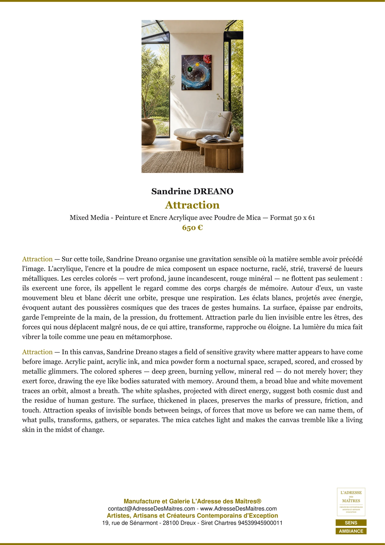 Fiche Premium Ambiance - Attraction - Sandrine DREANO - L'Adresse des Maîtres®