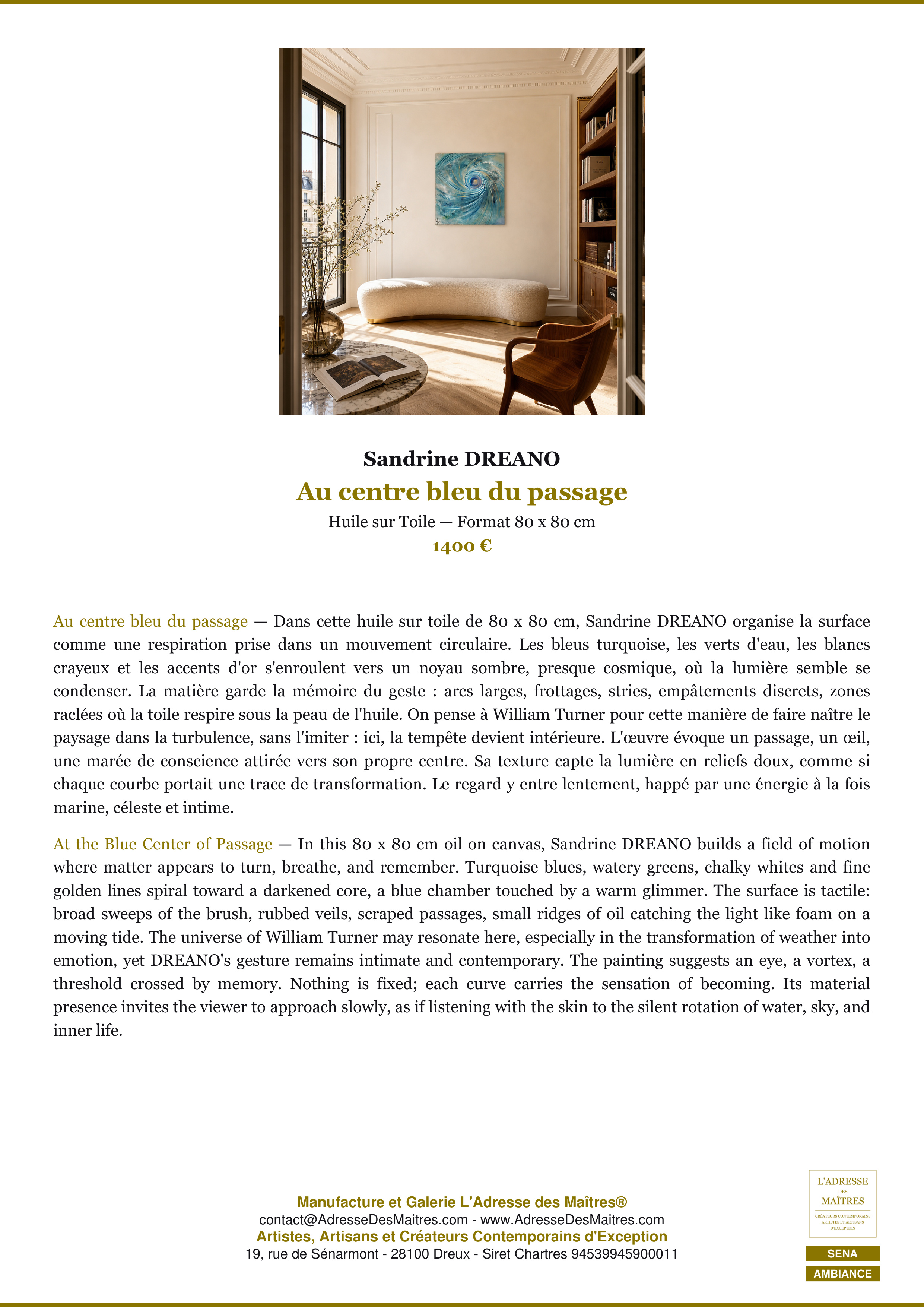 Fiche Premium Ambiance — Au centre bleu du passage — Sandrine DREANO — L'Adresse des Maîtres®