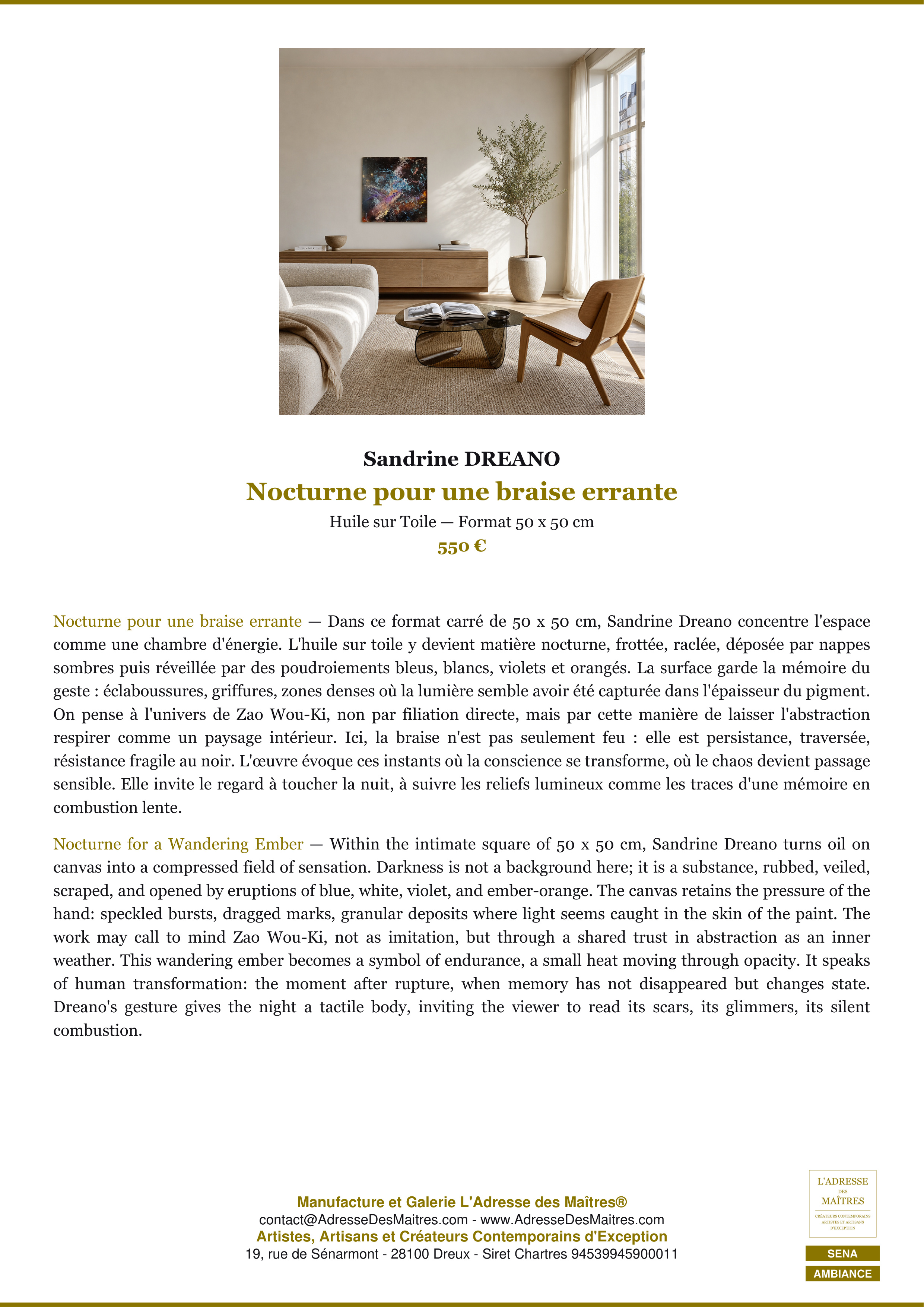 Fiche Premium Ambiance — Nocturne pour une braise errante — Sandrine DREANO — L'Adresse des Maîtres®