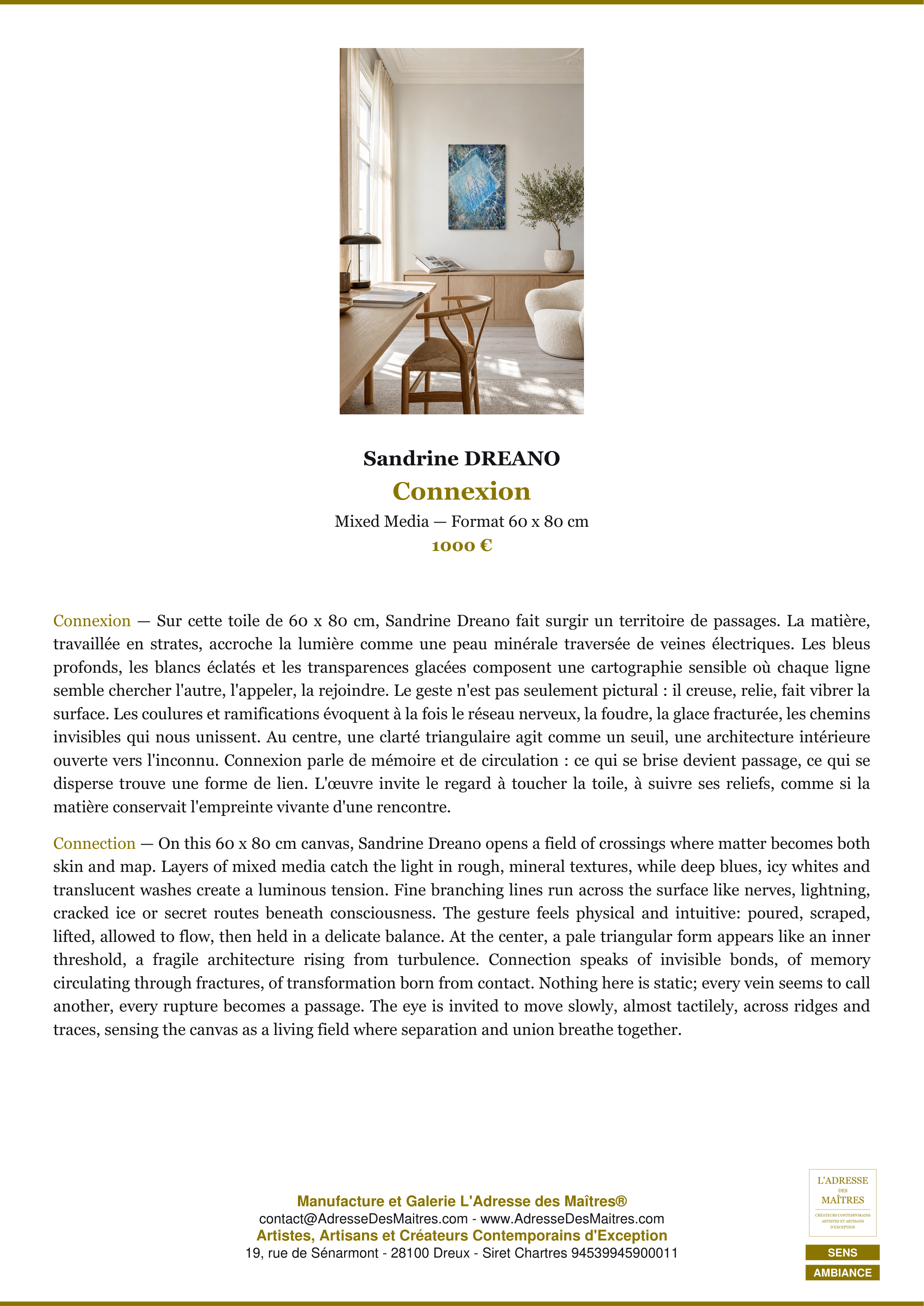 Fiche Premium Ambiance — Connexion — Sandrine DREANO — L'Adresse des Maîtres®