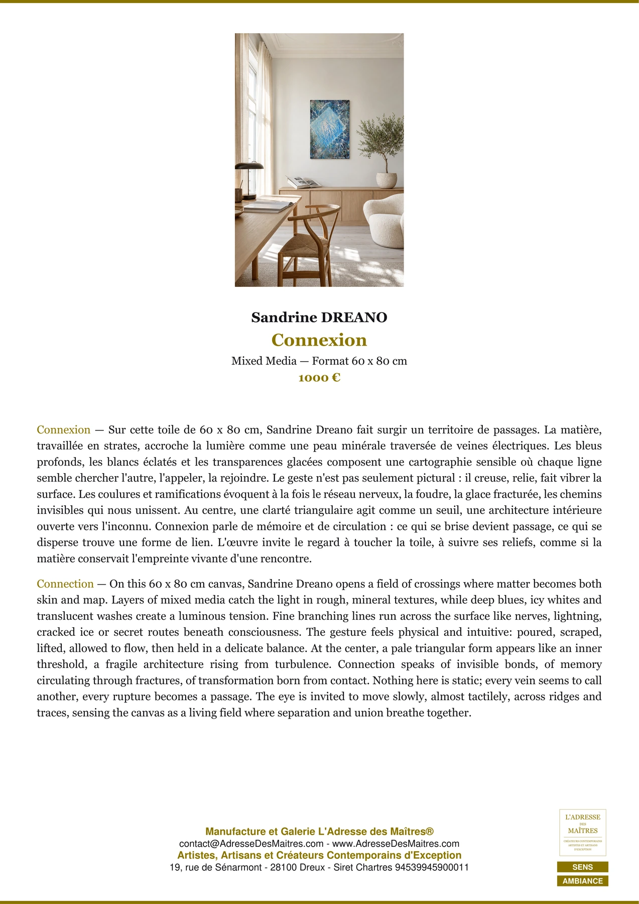 Fiche Premium Ambiance - Connexion - Sandrine DREANO - L'Adresse des Maîtres®