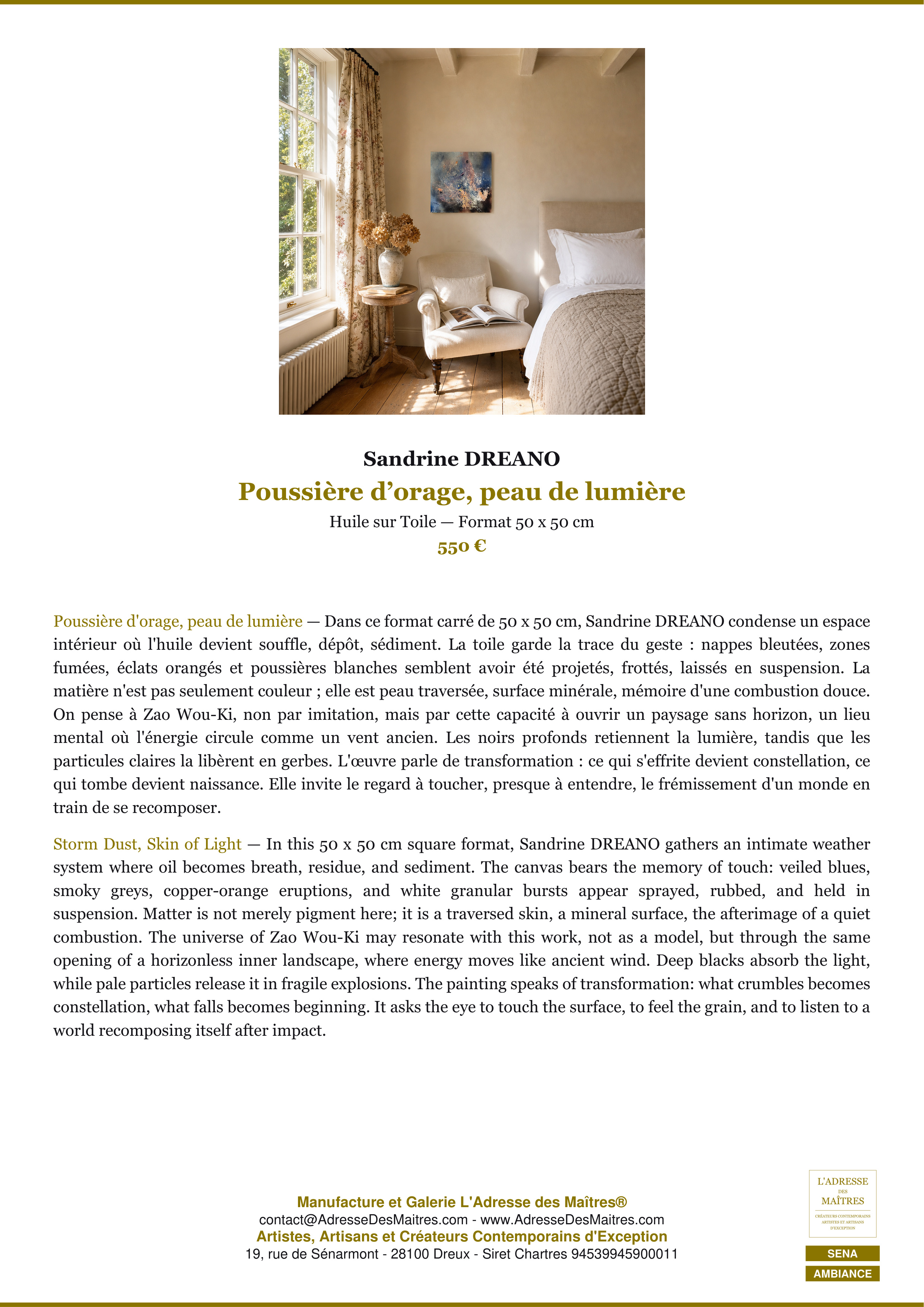 Fiche Premium Ambiance — Poussière d’orage, peau de lumière — Sandrine DREANO — L'Adresse des Maîtres®