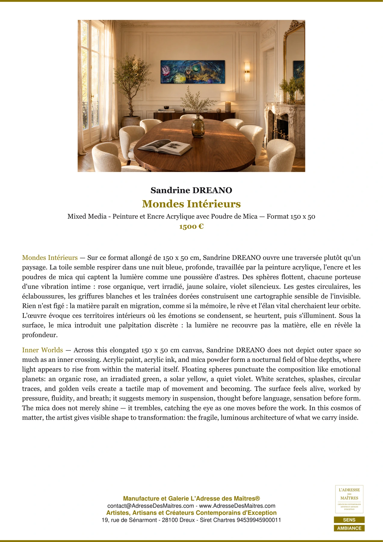 Fiche Premium Ambiance - Mondes Intérieurs - Sandrine DREANO - L'Adresse des Maîtres®