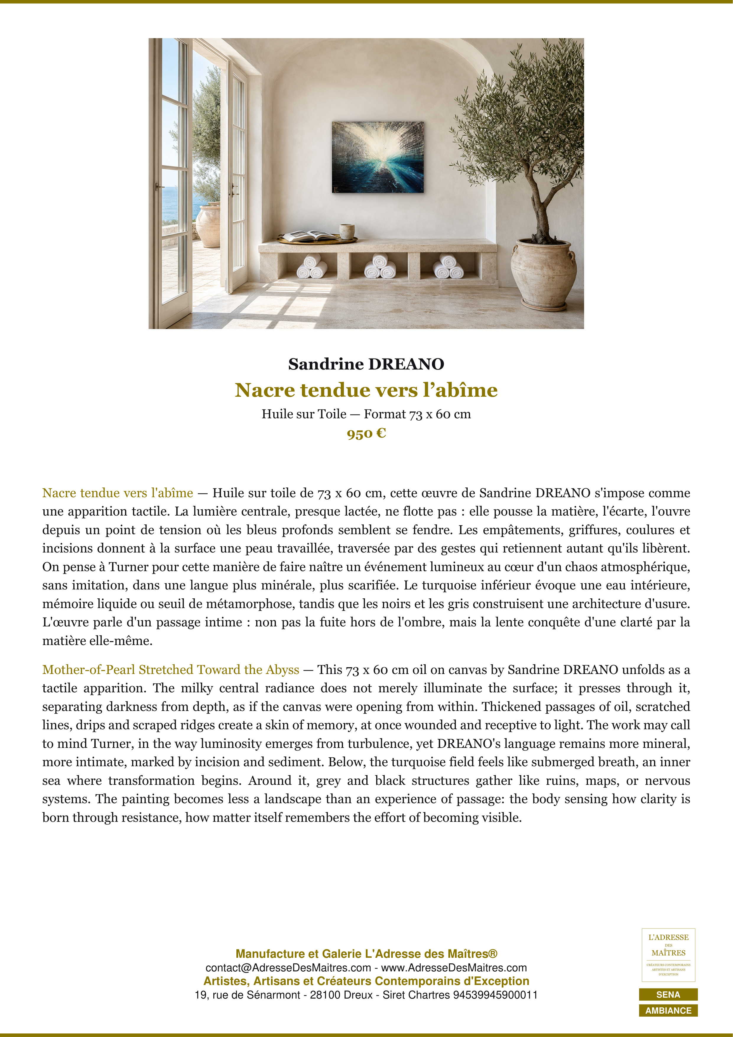 Fiche Premium Ambiance — Nacre tendue vers l’abîme — Sandrine DREANO — L'Adresse des Maîtres®