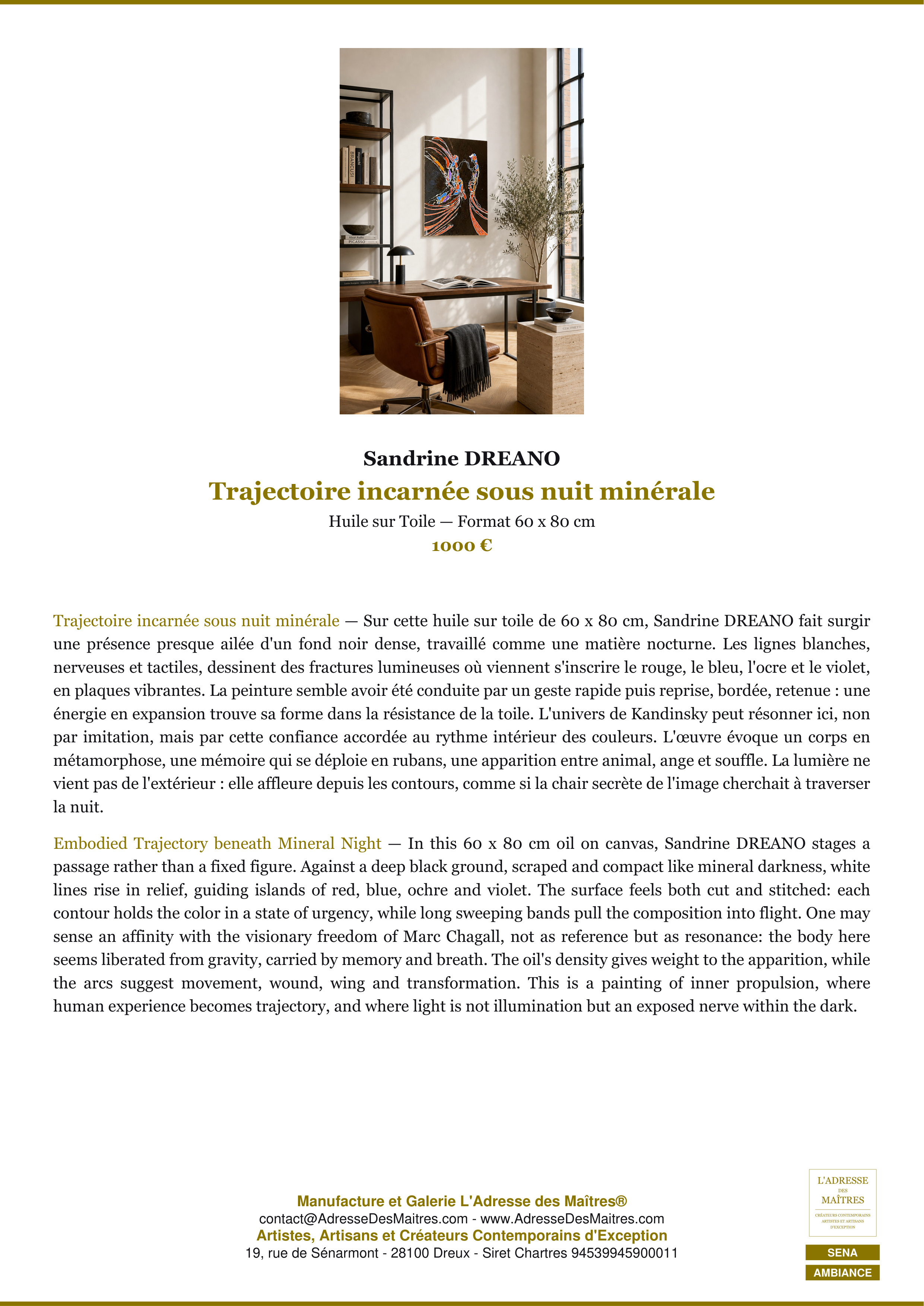 Fiche Premium Ambiance — Trajectoire incarnée sous nuit minérale — Sandrine DREANO — L'Adresse des Maîtres®